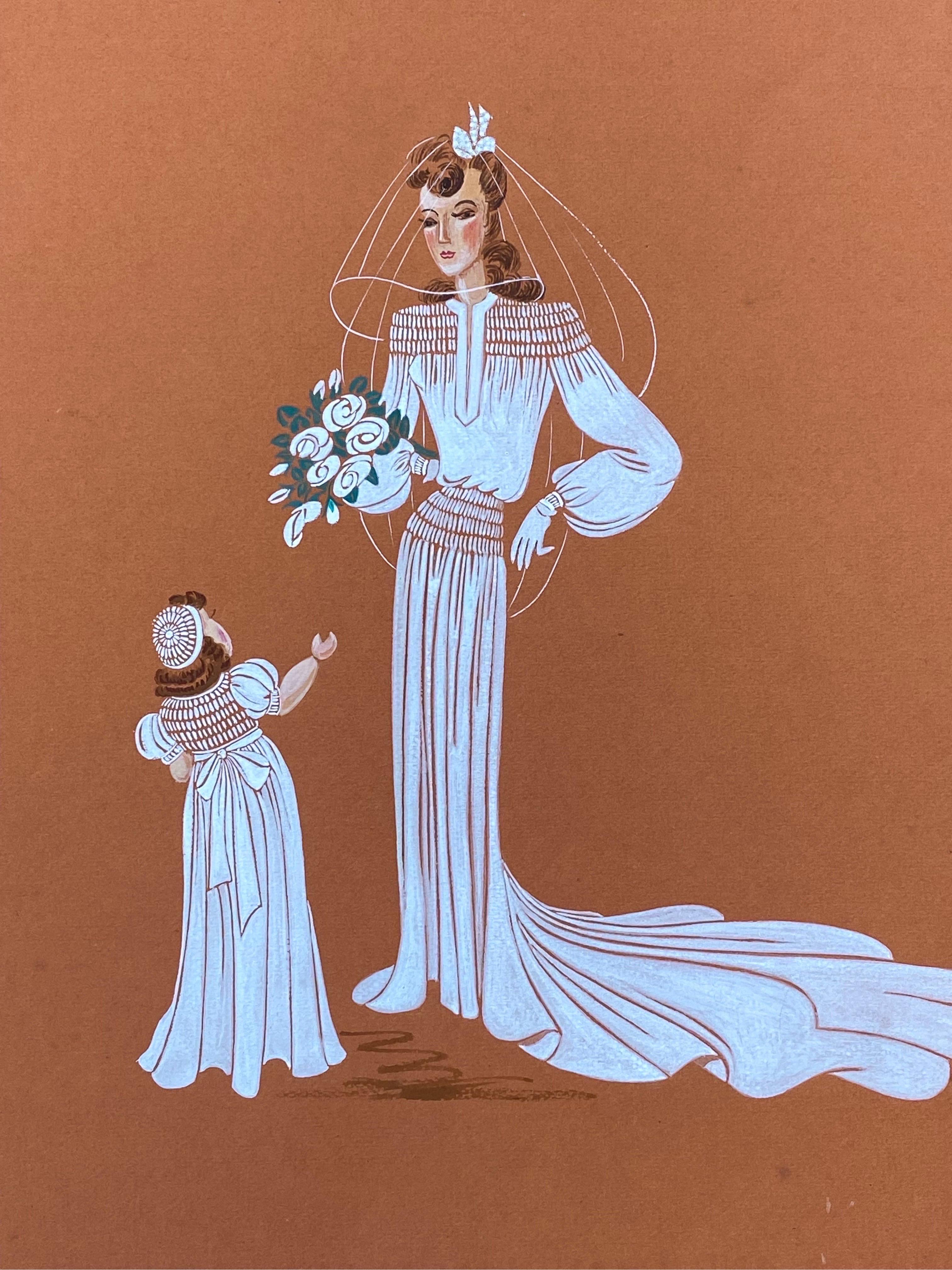 1940er Jahre Mode Illustration - Schöne Braut- und Kindporträt-Szene