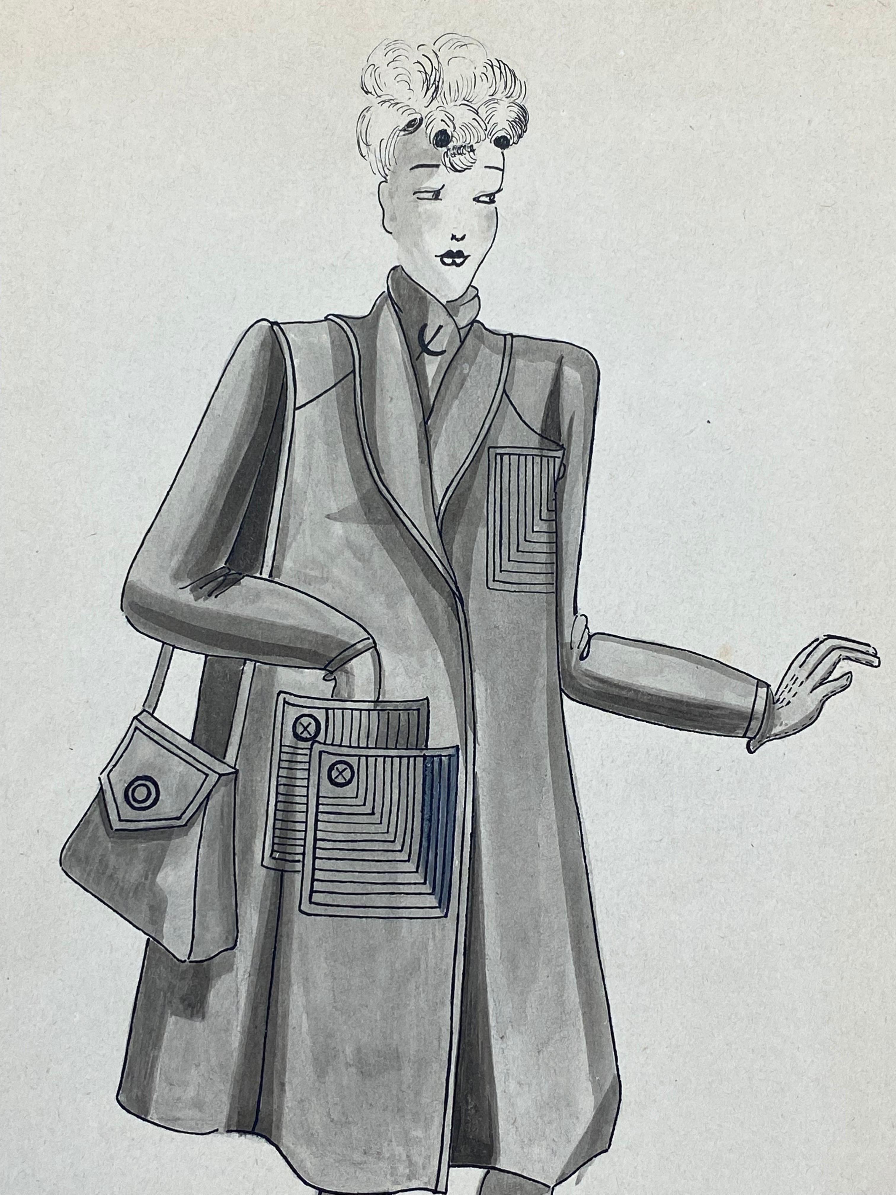 1940er Jahre Mode Illustration - Schwarz-weiße stilvolle Frauen in schicken Kleidungsstücken – Art von Geneviève Thomas
