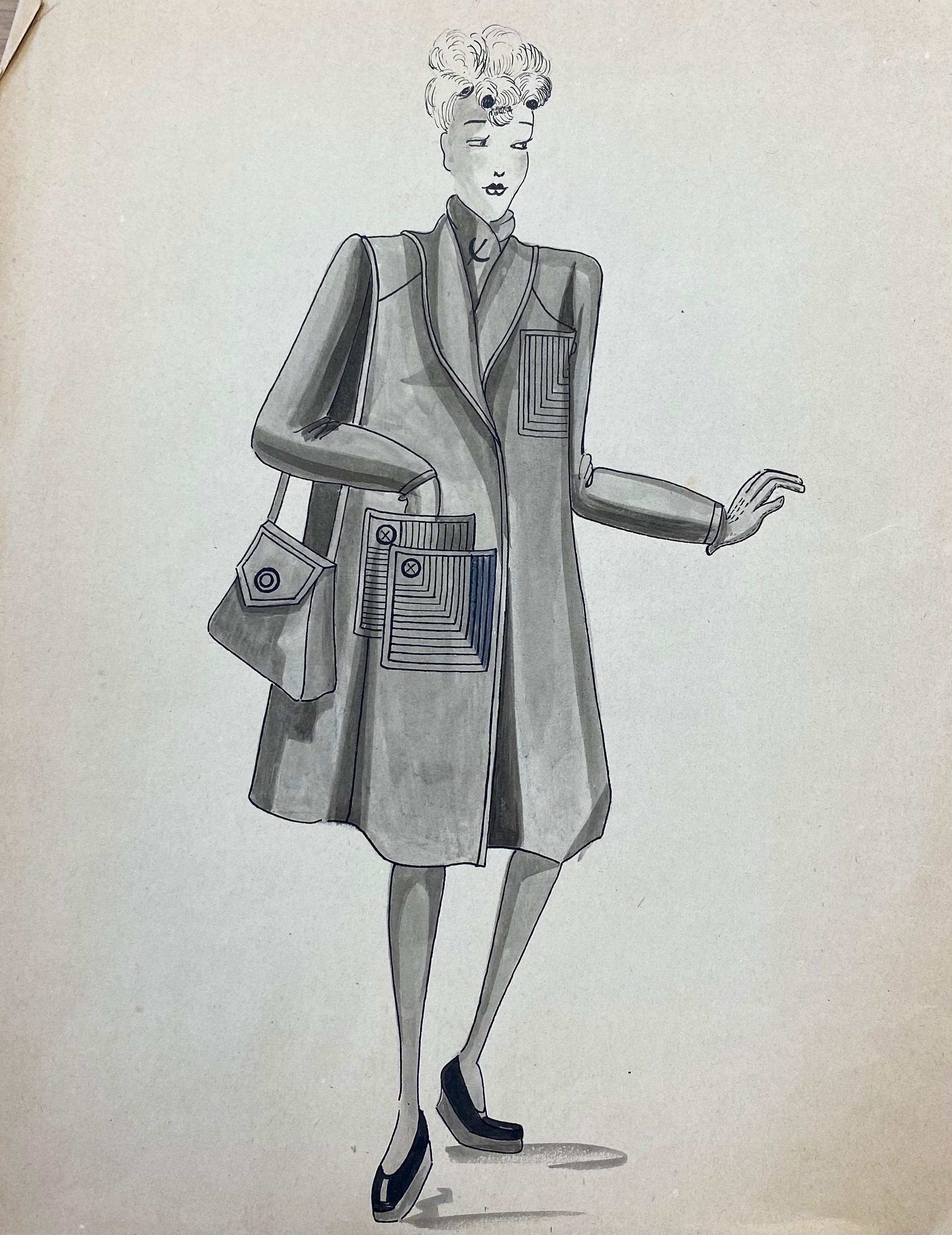 Geneviève Thomas Portrait – 1940er Jahre Mode Illustration - Schwarz-weiße stilvolle Frauen in schicken Kleidungsstücken