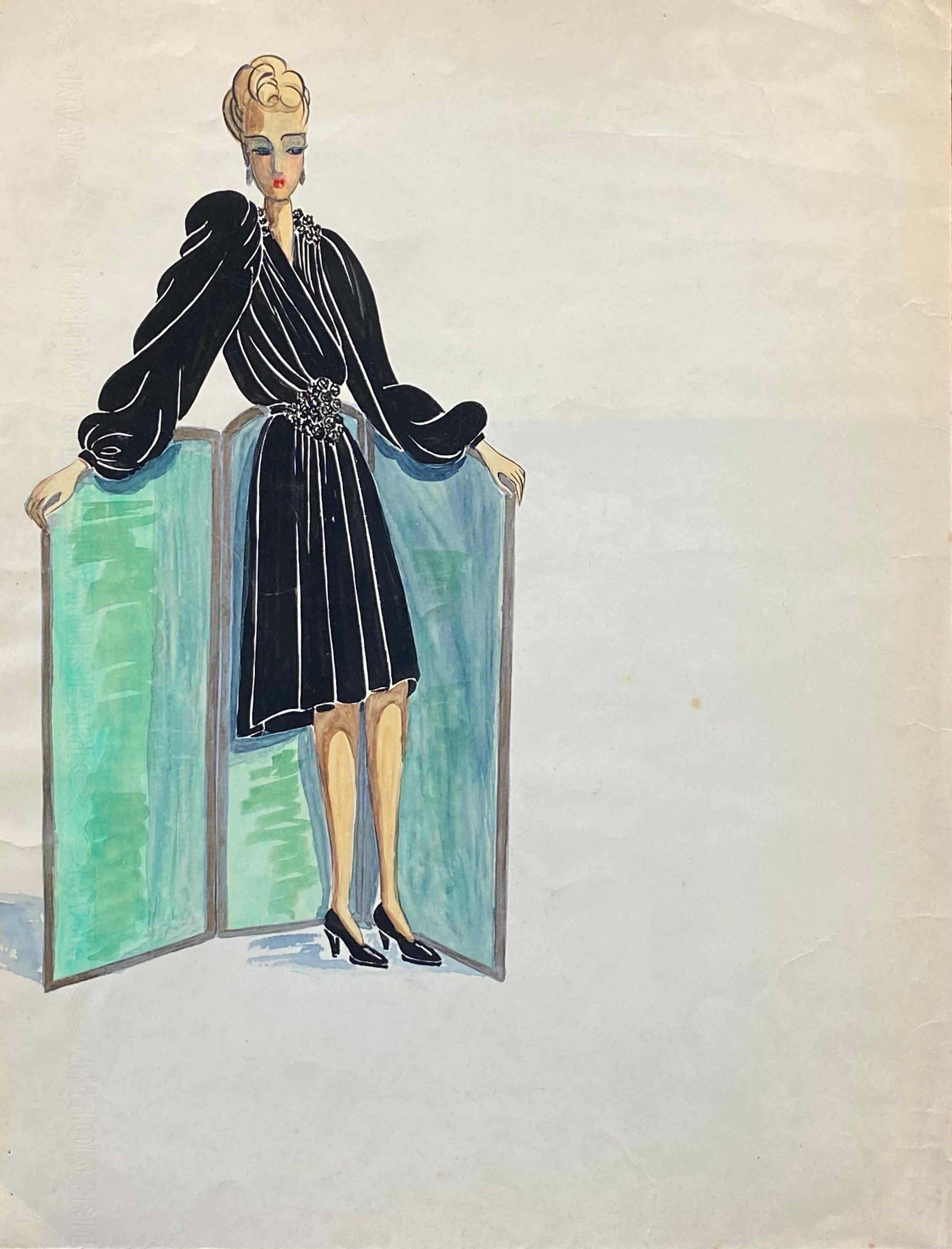 1940's Fashion Illustration - Chanel Styled Woman In Chic Black Dress - Painting by Geneviève Thomas