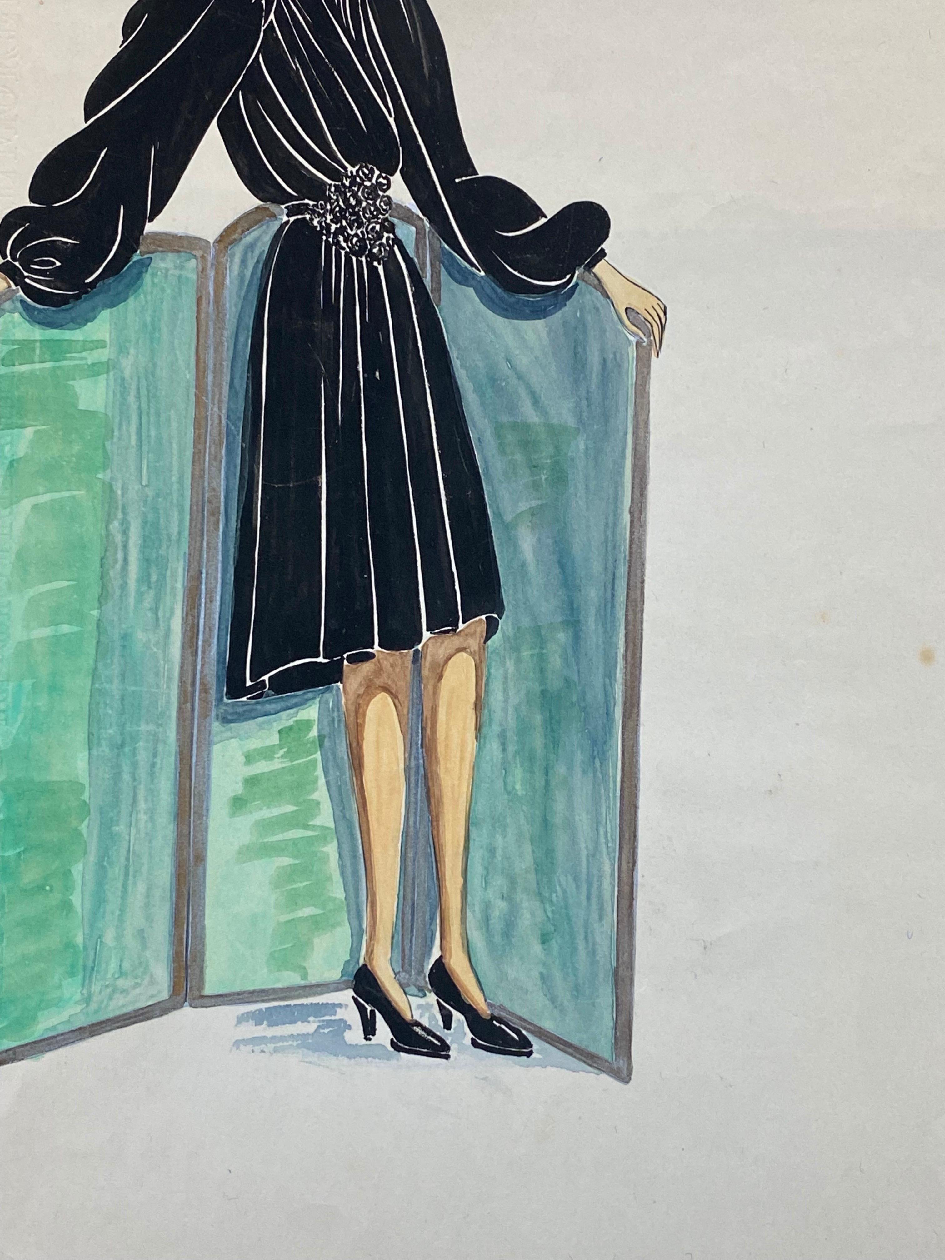 1940's Fashion Illustration - Chanel Styled Woman In Chic Black Dress - Impressionist Painting by Geneviève Thomas
