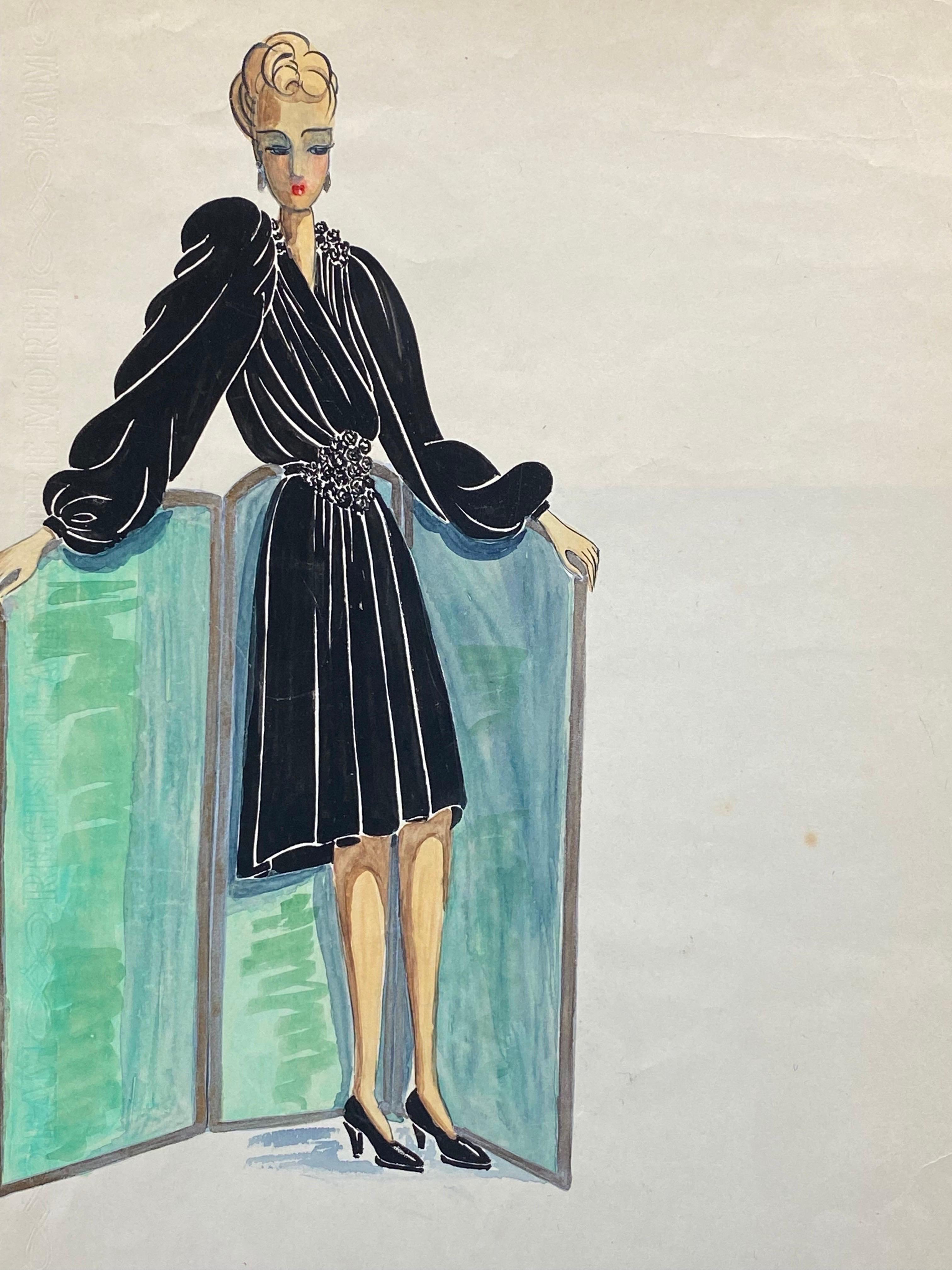 Geneviève Thomas Portrait Painting - 1940's Fashion Illustration - Chanel Styled Woman In Chic Black Dress