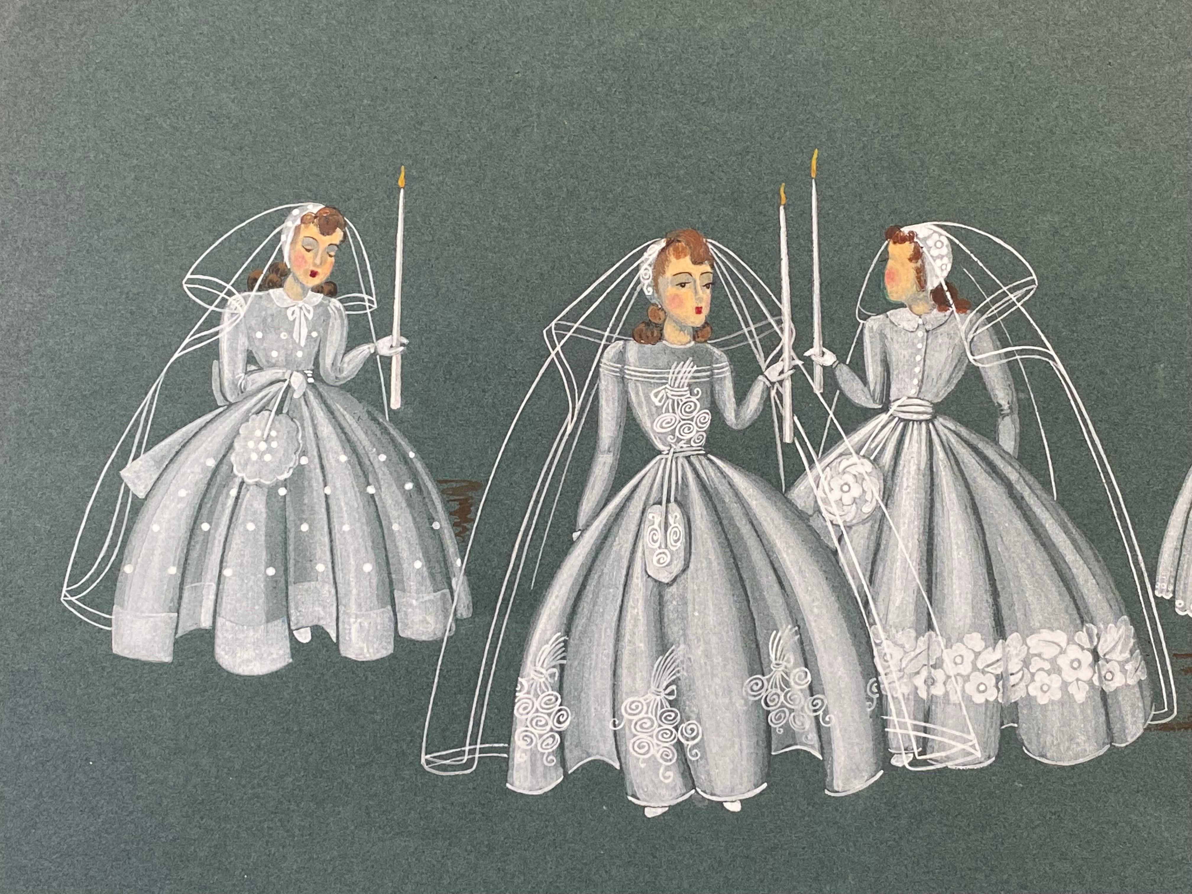 Mode Illustration aus den 1940er Jahren – Vier Brautinnen halten Kerzen – Painting von Geneviève Thomas