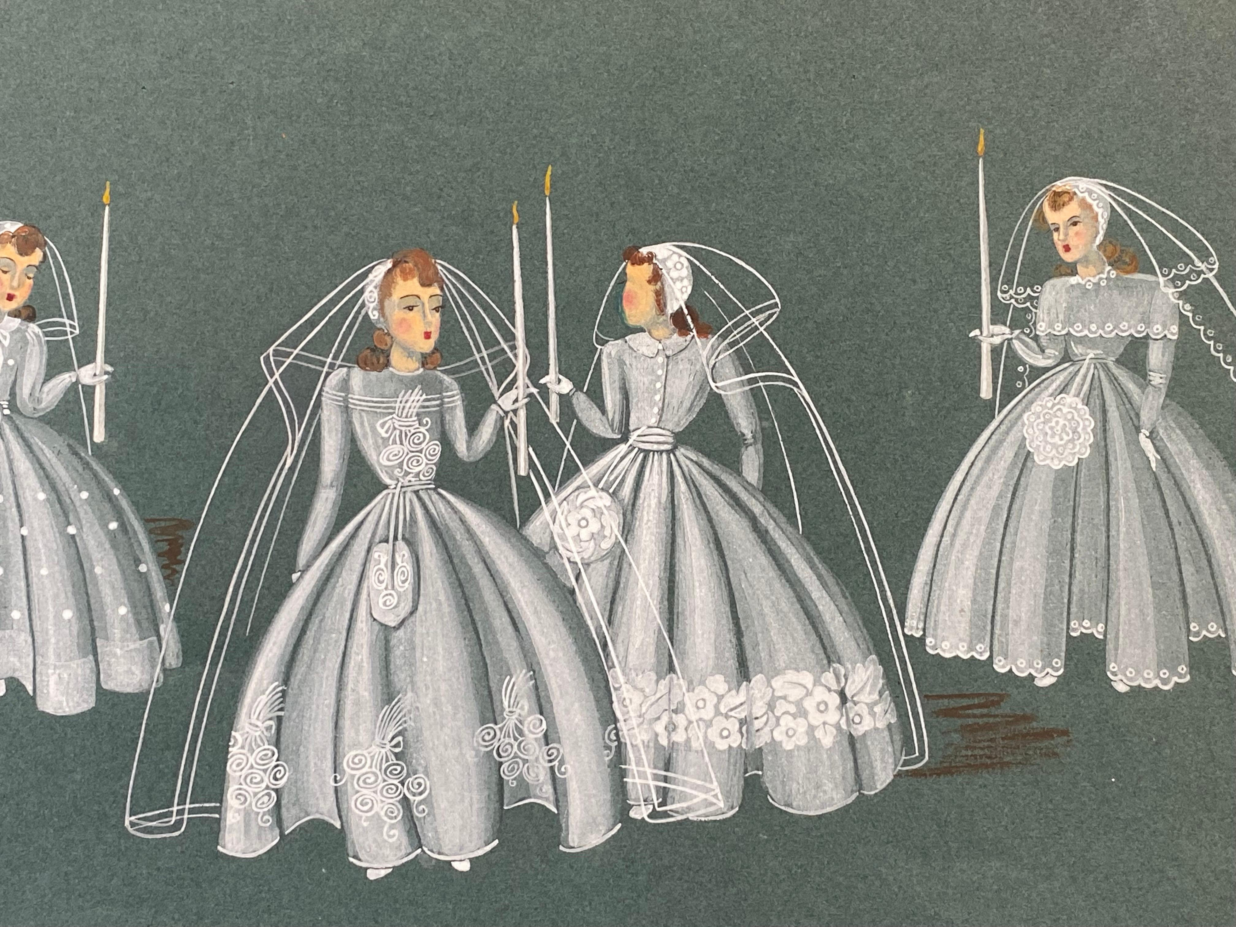 Mode Illustration aus den 1940er Jahren – Vier Brautinnen halten Kerzen (Impressionismus), Painting, von Geneviève Thomas