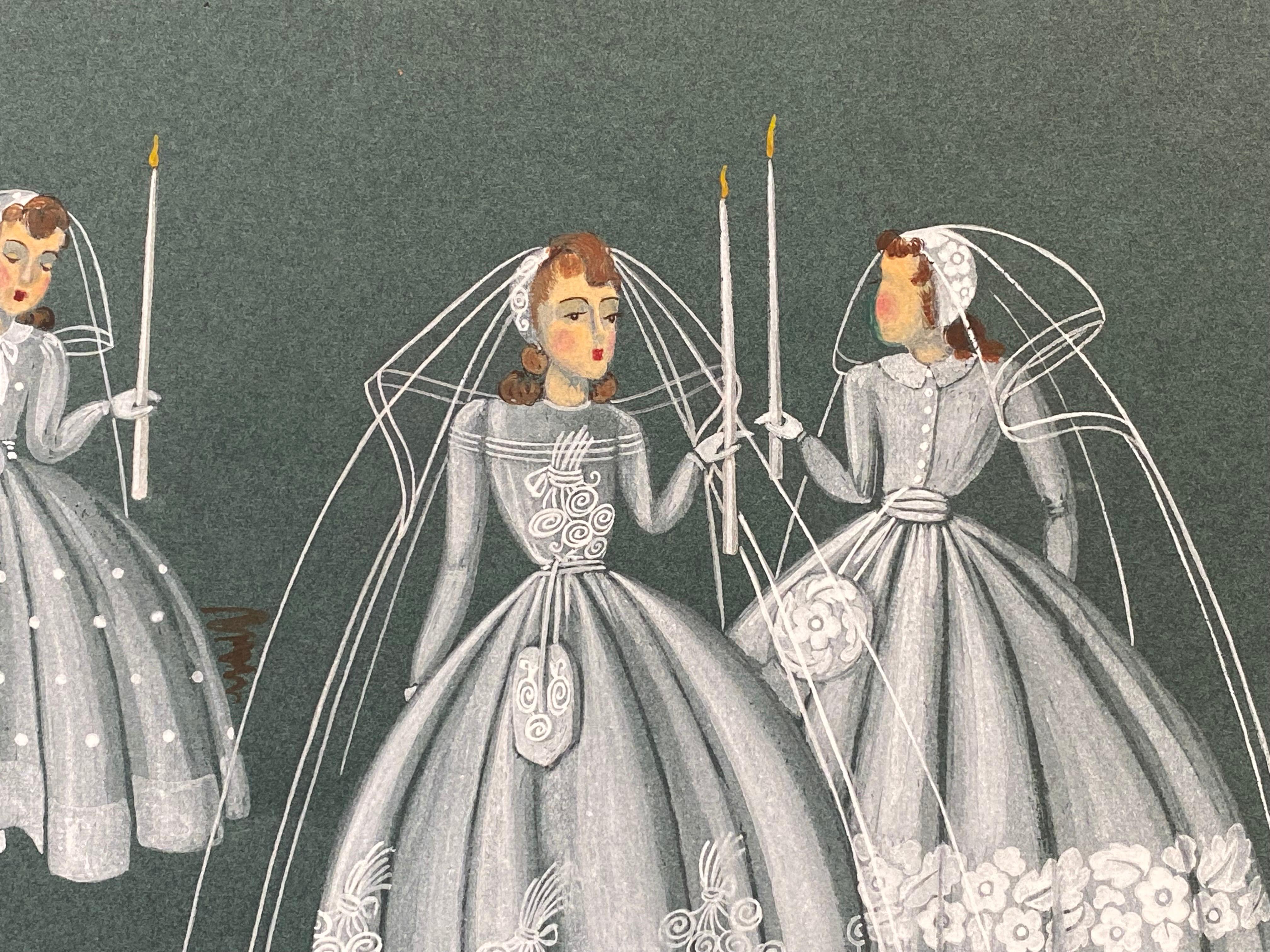 Mode Illustration aus den 1940er Jahren – Vier Brautinnen halten Kerzen (Grau), Portrait Painting, von Geneviève Thomas