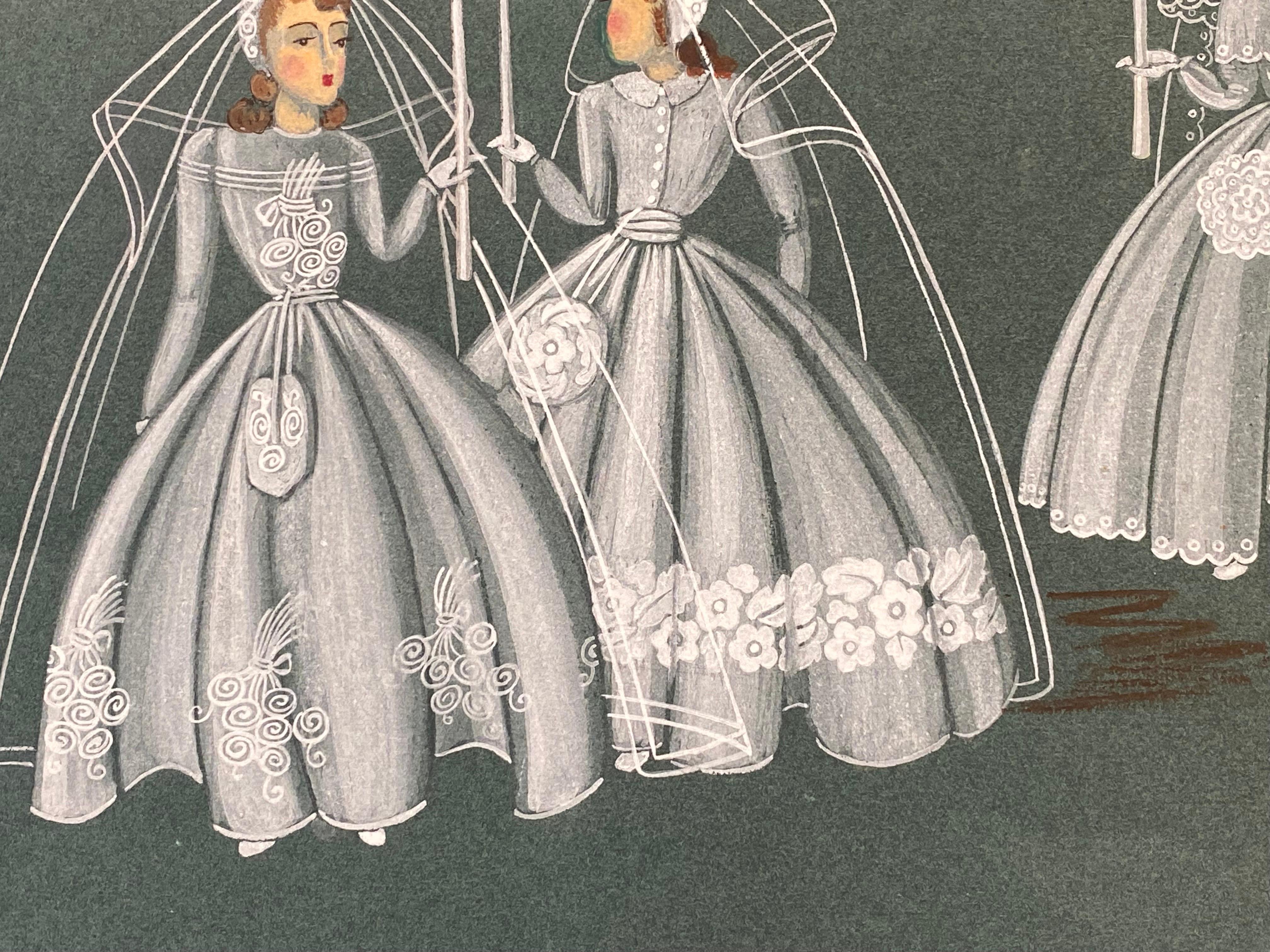 1940's Fashion Illustration - Four Brides Holding Candles - Gray Portrait Painting by Geneviève Thomas