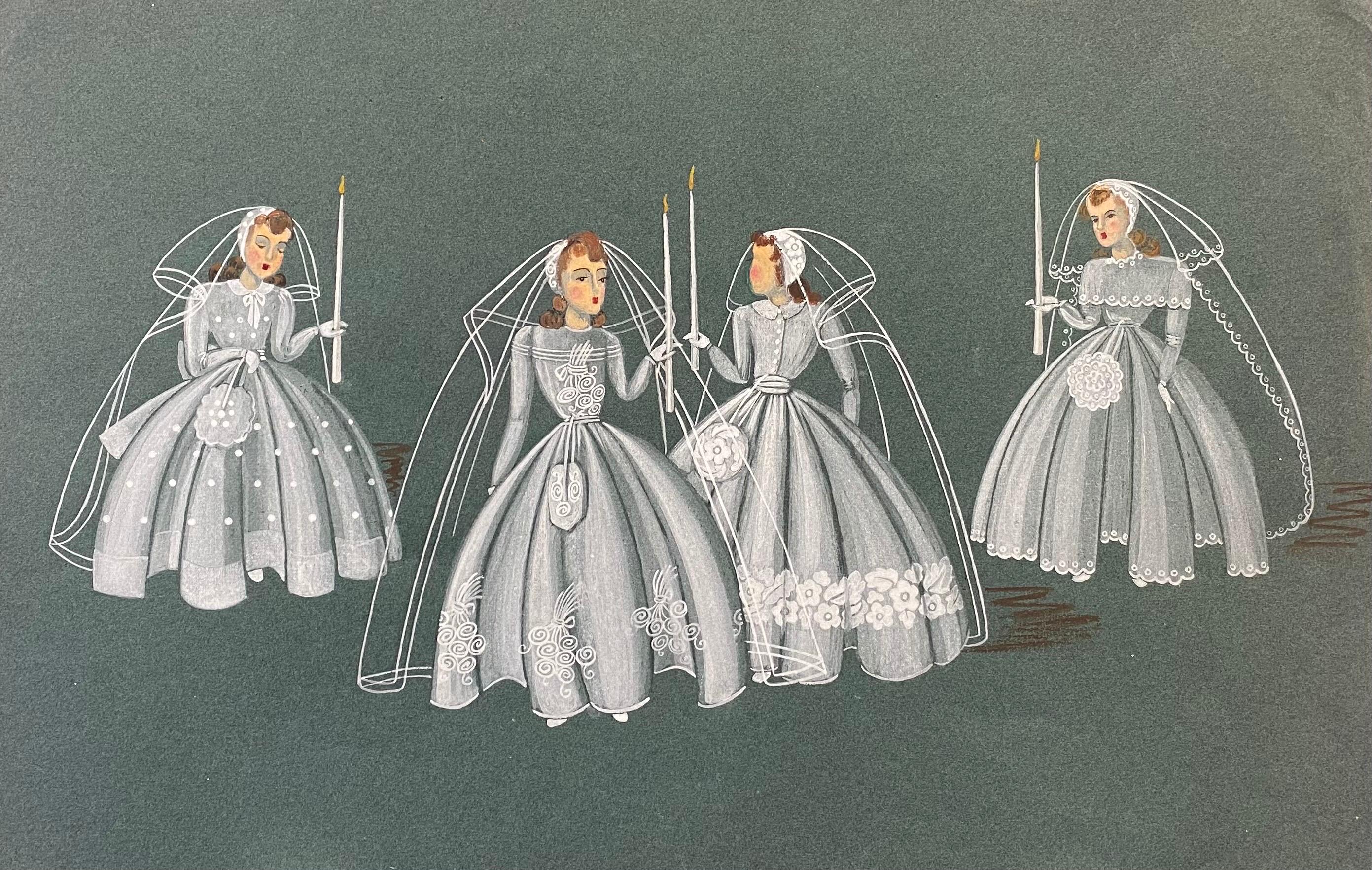 Geneviève Thomas Portrait Painting – Mode Illustration aus den 1940er Jahren – Vier Brautinnen halten Kerzen
