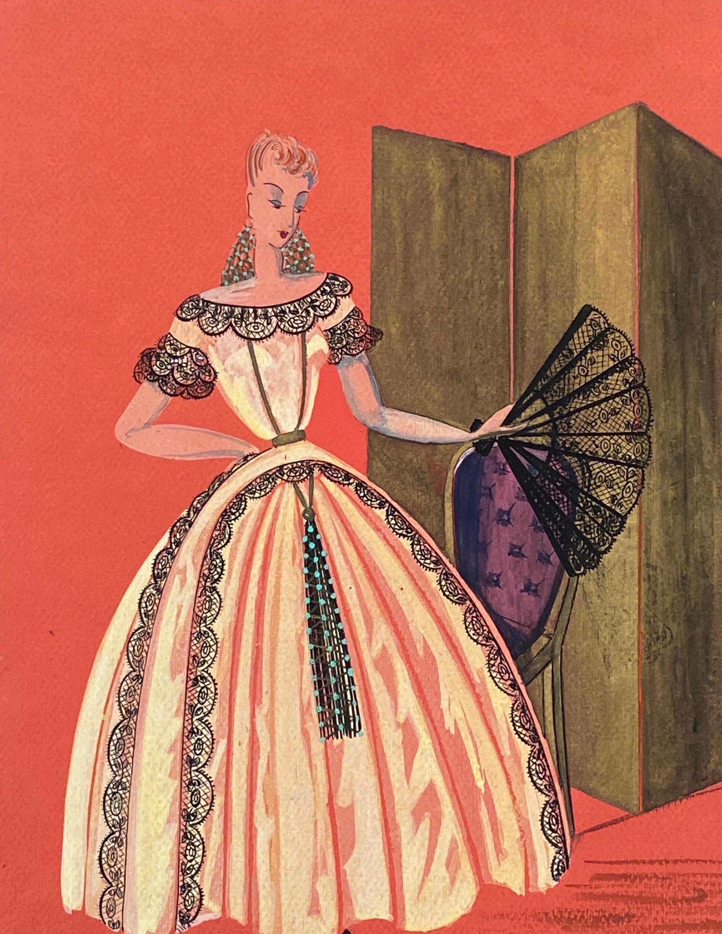 1940's Fashion Illustration - Lady In Bridgerton Style Ball Dress With Fan - Painting by Geneviève Thomas