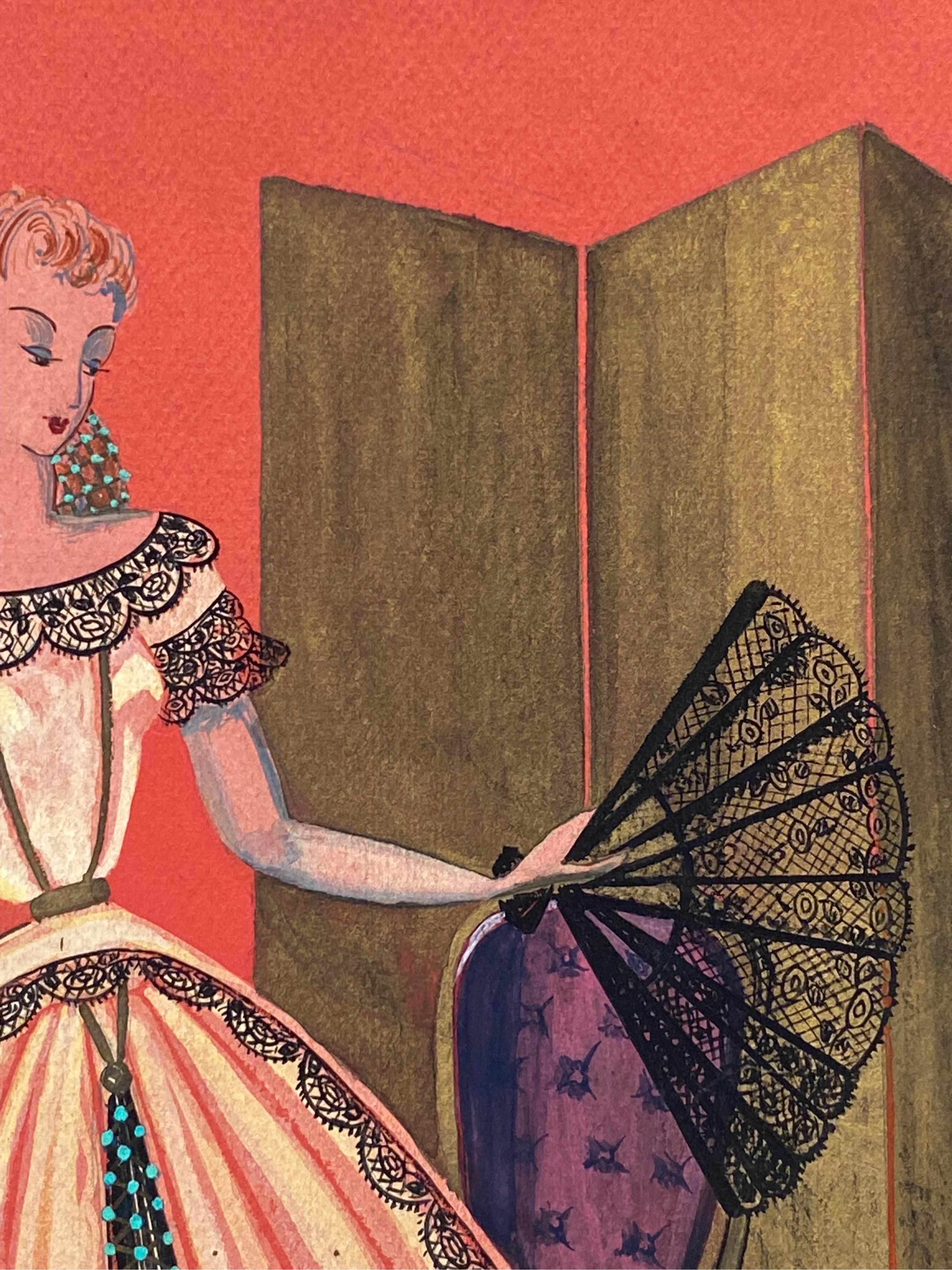 1940's Fashion Illustration - Lady In Bridgerton Style Ball Dress With Fan - Impressionist Painting by Geneviève Thomas