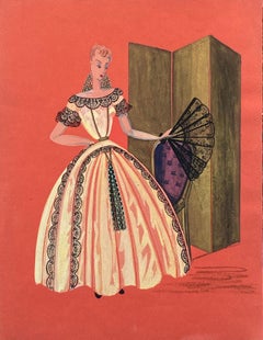 1940's Fashion Illustration - Lady In Bridgerton Style Ball Dress With Fan