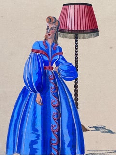 Illustrazione di moda degli anni '40 - Signora in abito blu brillante, scena d'interni