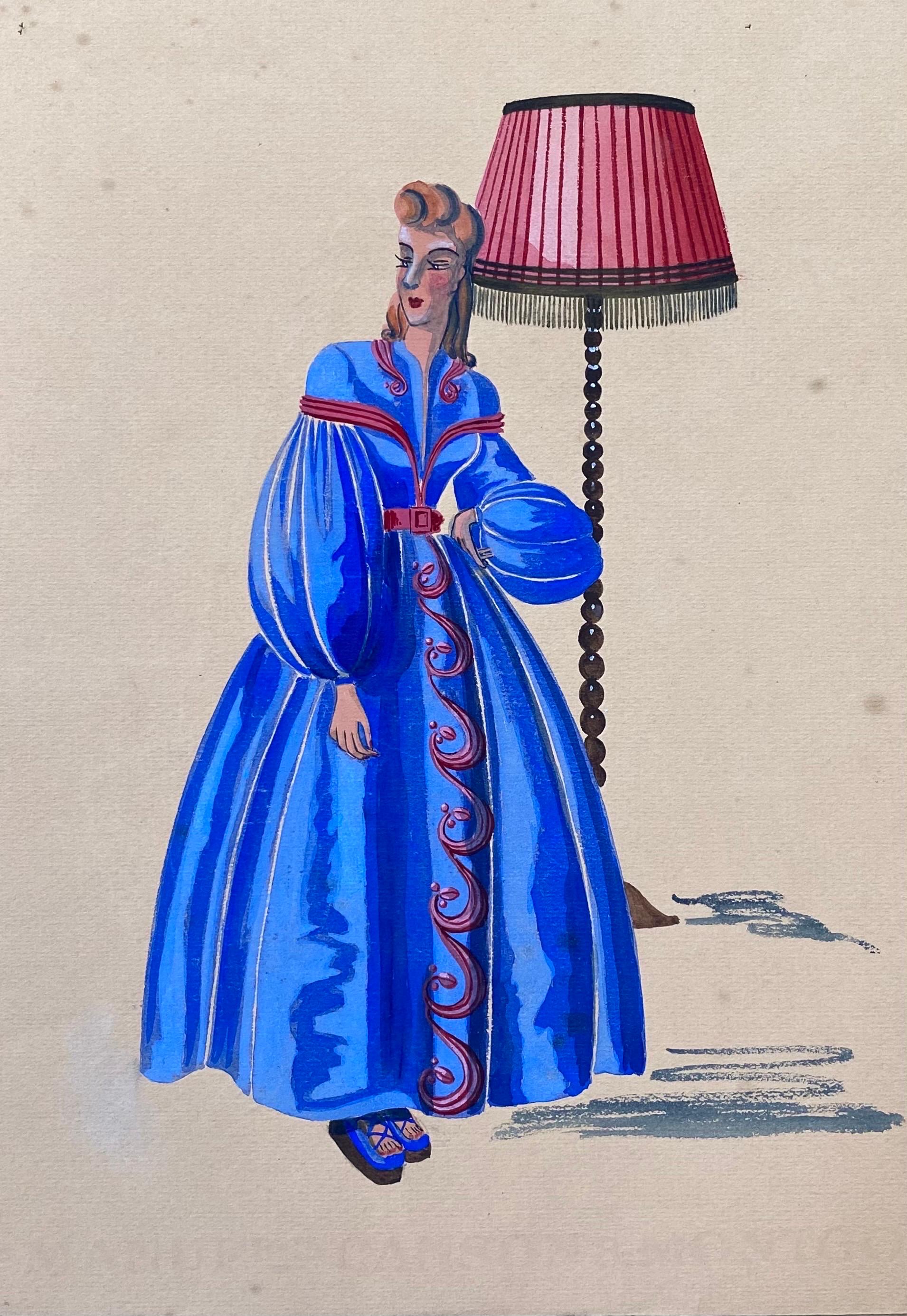 Geneviève Thomas Portrait - 1940's Fashion Illustration - Lady In Bright Blue Puffy Dress, Interior Scene