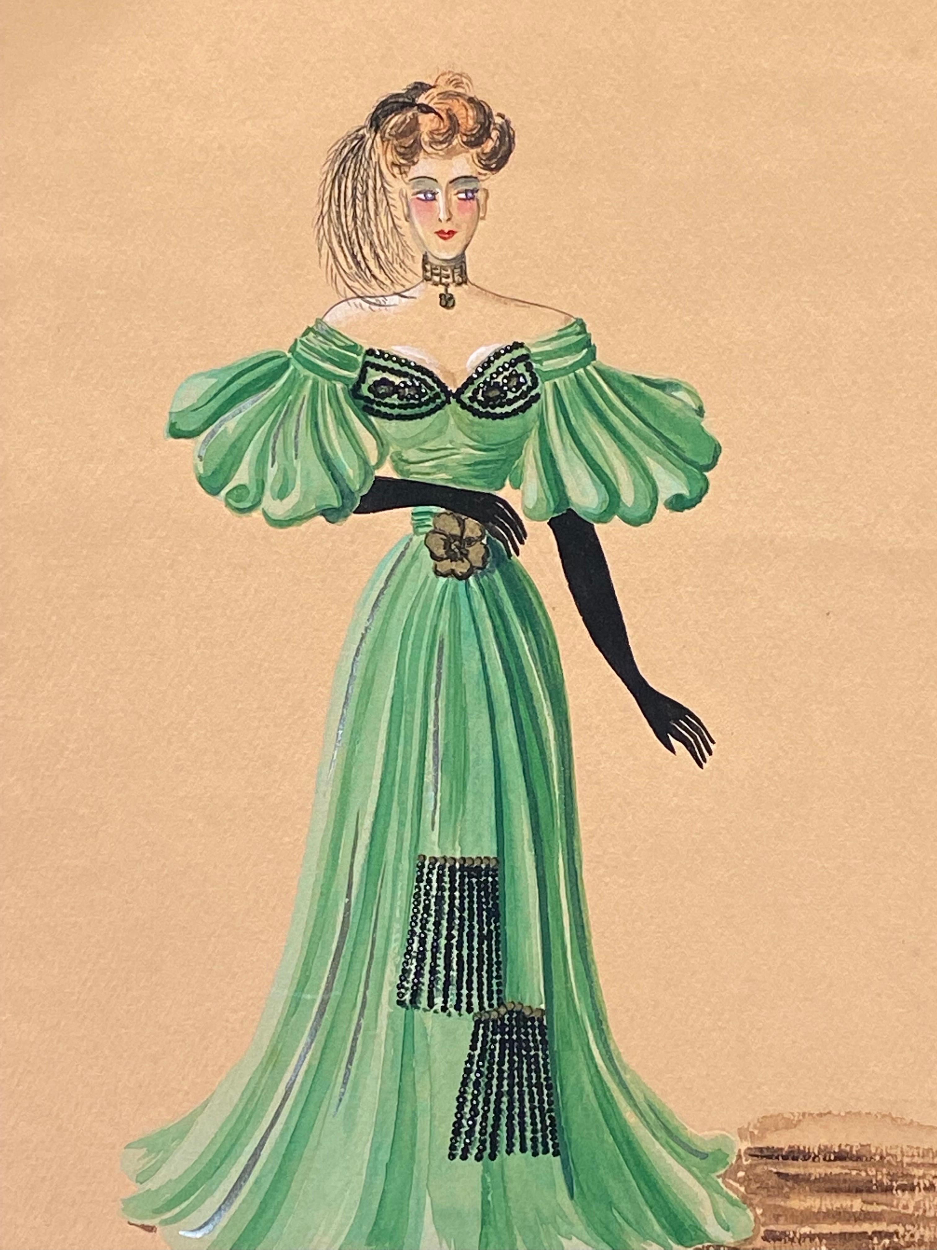 Illustrazione di moda degli anni '40 - Signora con un elegante abito da ballo verde - Painting di Geneviève Thomas