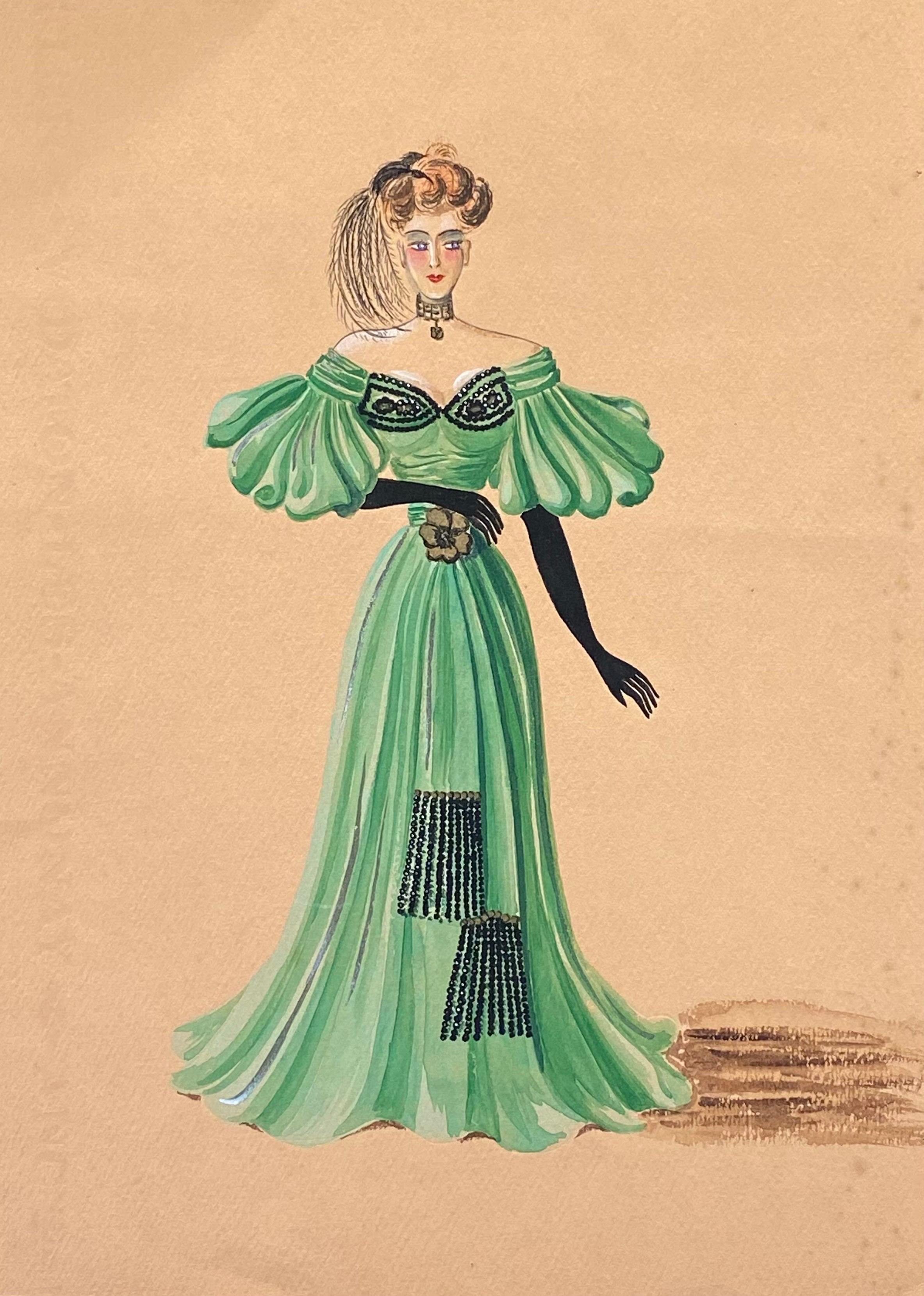 Geneviève Thomas Portrait Painting - 1940's Fashion Illustration - Lady In Dashing Green Ball Dress