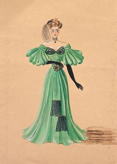 1940's Fashion Illustration - Lady In Dashing Green Ball Dress