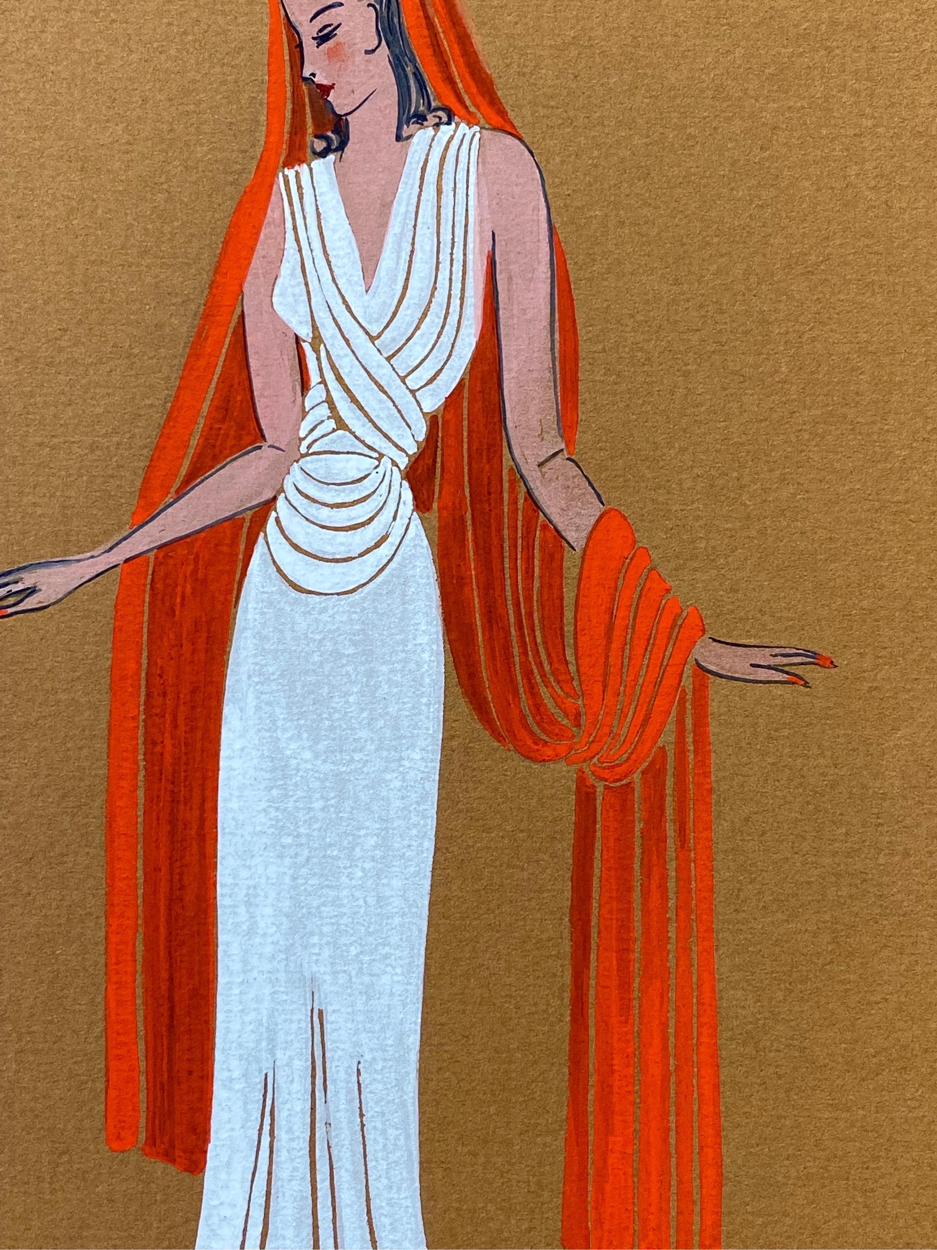 1940's Fashion Illustration - Lady In White Dress With Draped Orange Head Scarf - Art by Geneviève Thomas