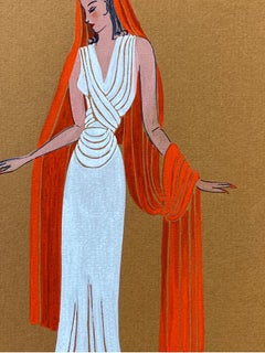 1940's Fashion Illustration - Lady In White Dress With Draped Orange Head Scarf
