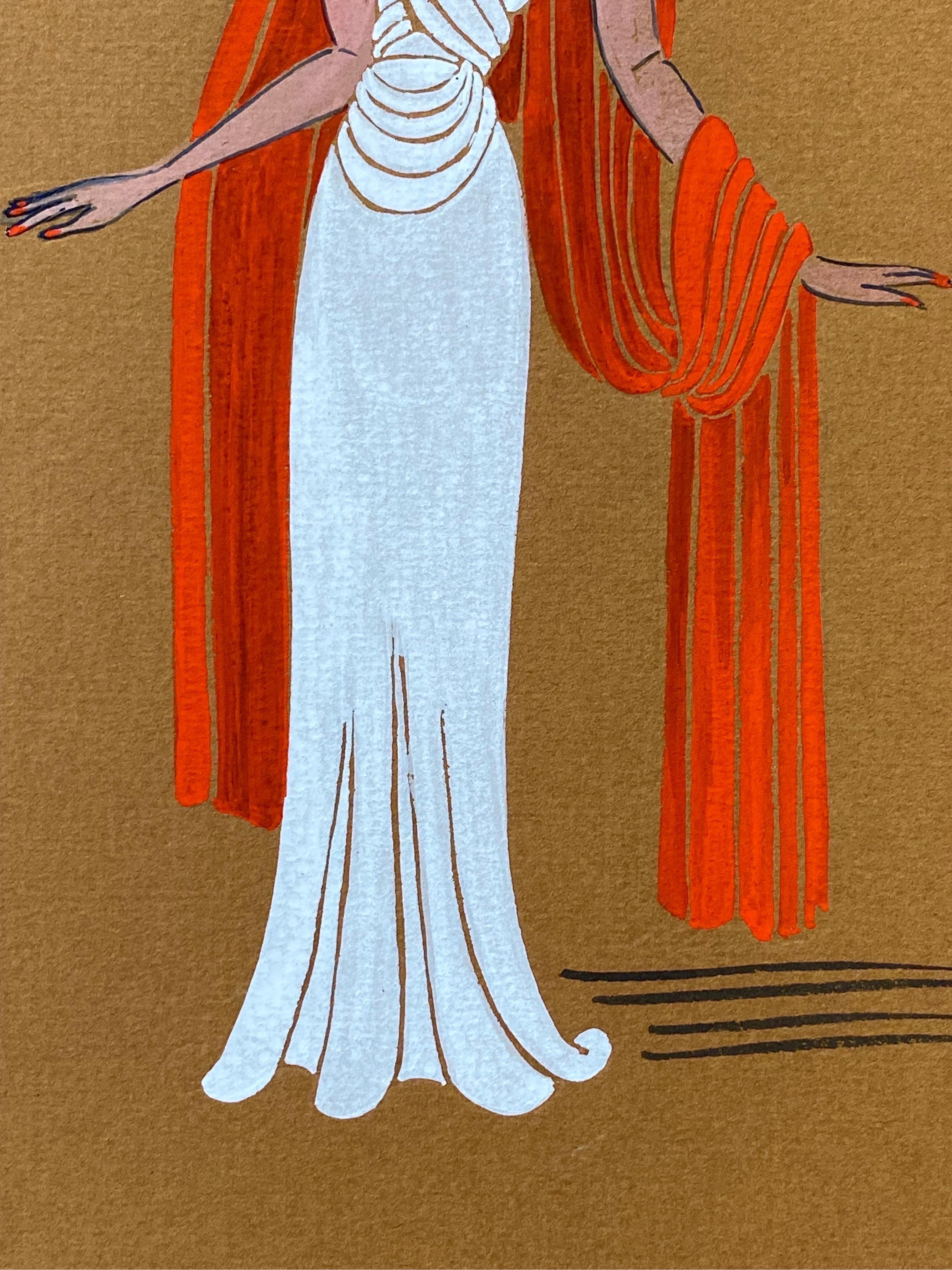 1940's Fashion Illustration - Lady In White Dress With Draped Orange Head Scarf - Impressionist Art by Geneviève Thomas
