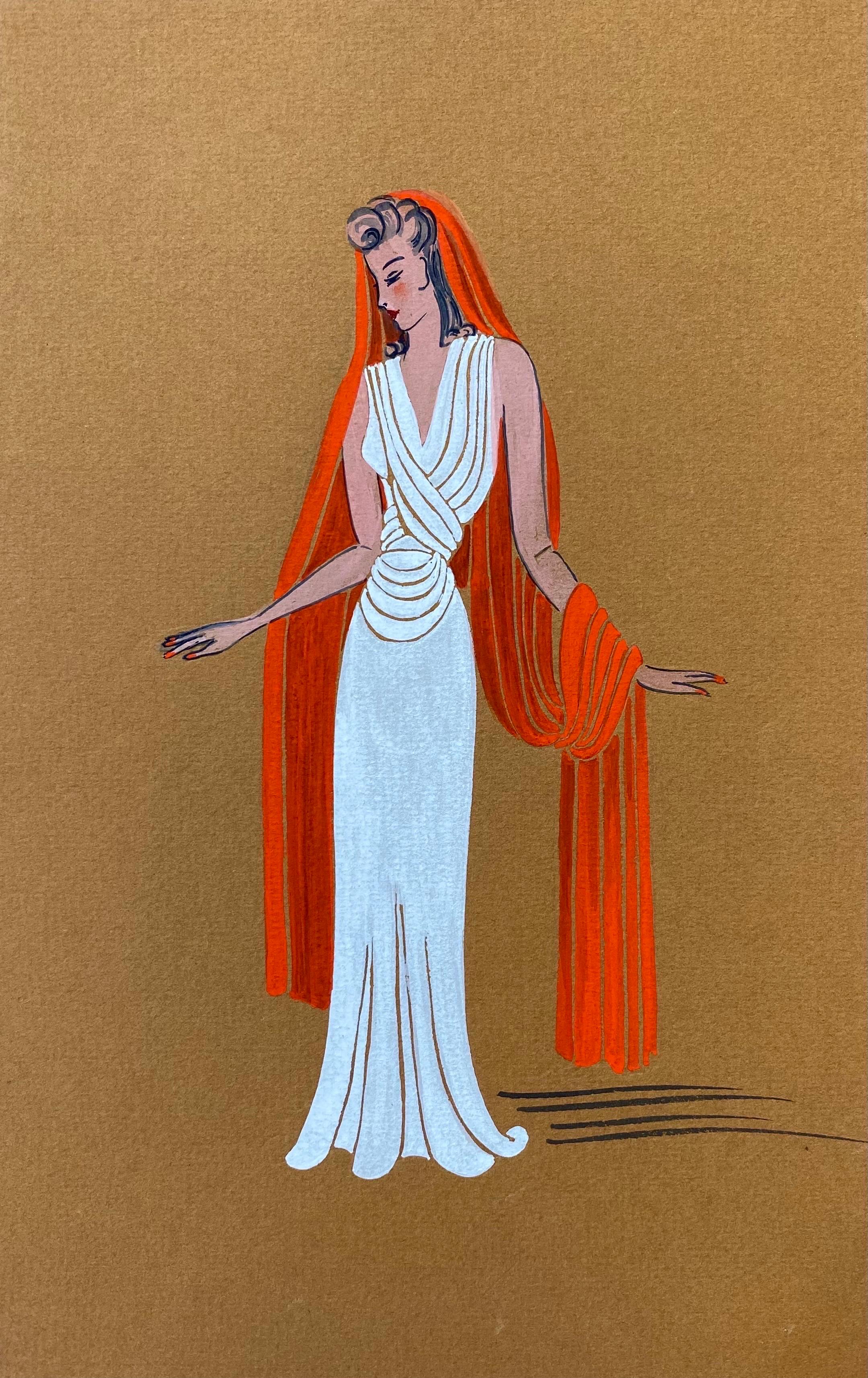 Geneviève Thomas Portrait - 1940's Fashion Illustration - Lady In White Dress With Draped Orange Head Scarf