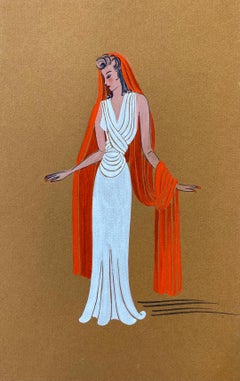 Vintage 1940's Fashion Illustration - Lady In White Dress With Draped Orange Head Scarf