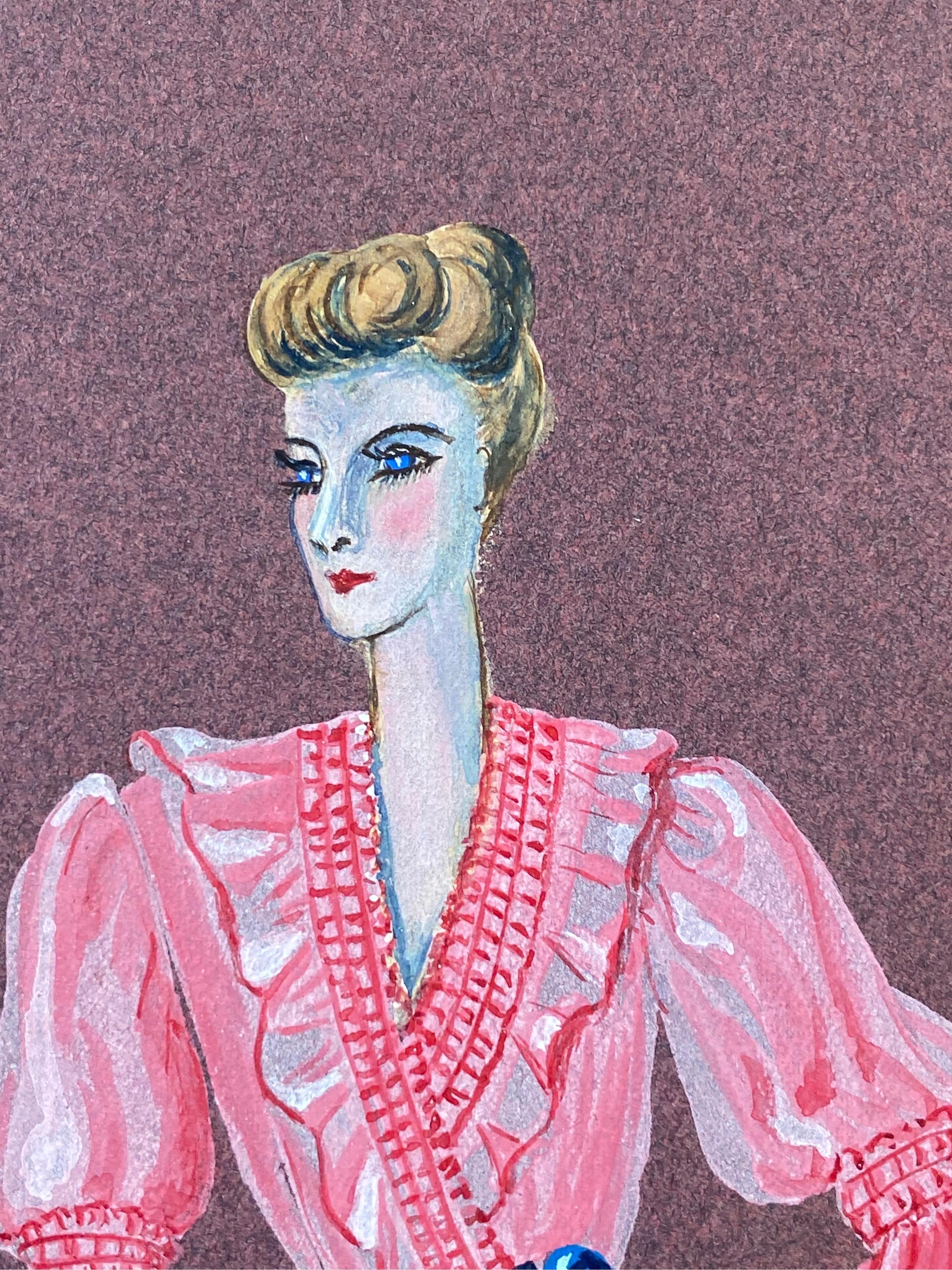 1940's Fashion Illustration - Posed Lady In Vibrant Pink Dress - Impressionist Art by Geneviève Thomas