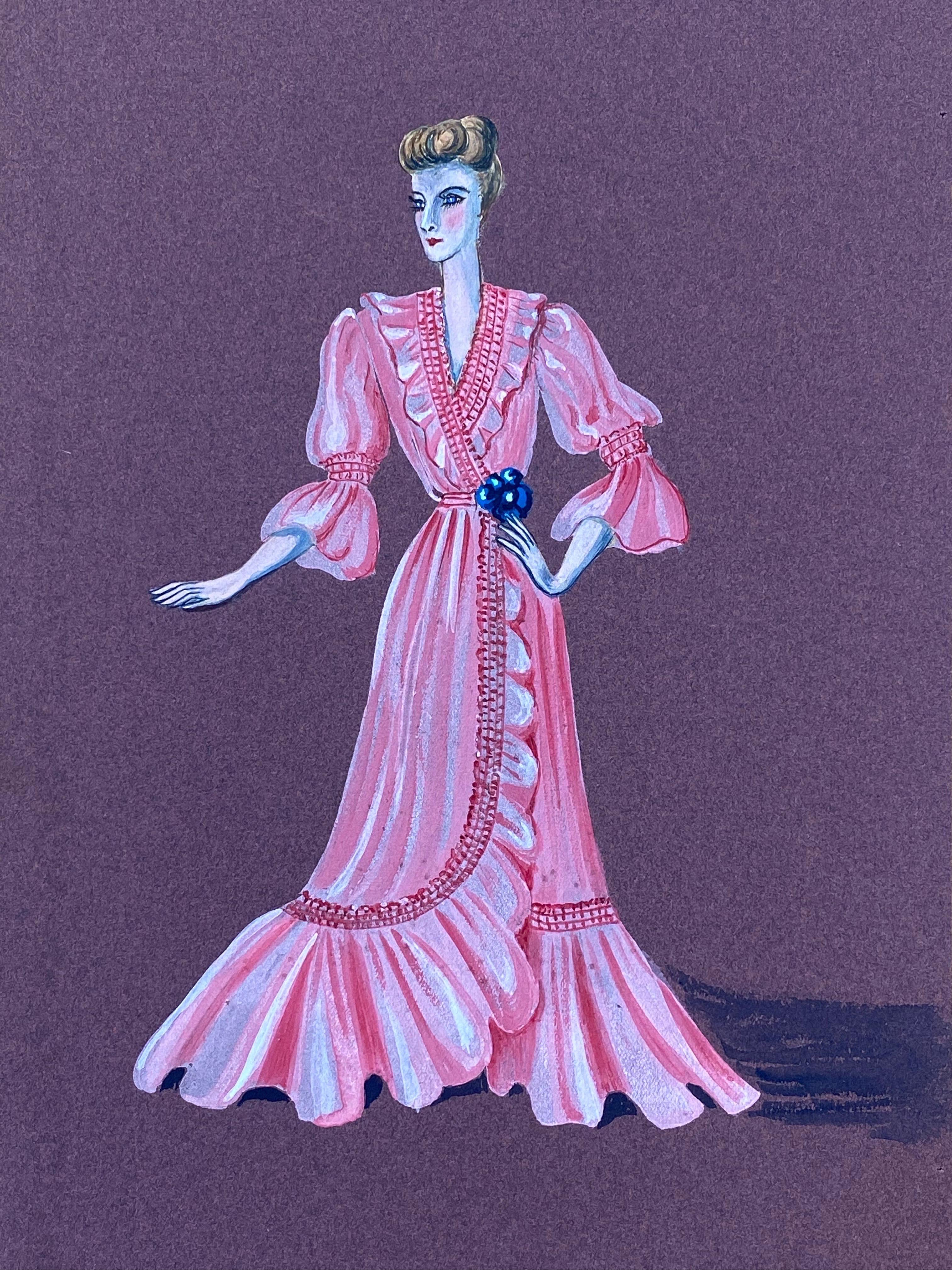 Geneviève Thomas Portrait - 1940's Fashion Illustration - Posed Lady In Vibrant Pink Dress