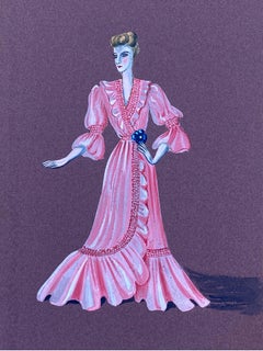 Vintage 1940's Fashion Illustration - Posed Lady In Vibrant Pink Dress