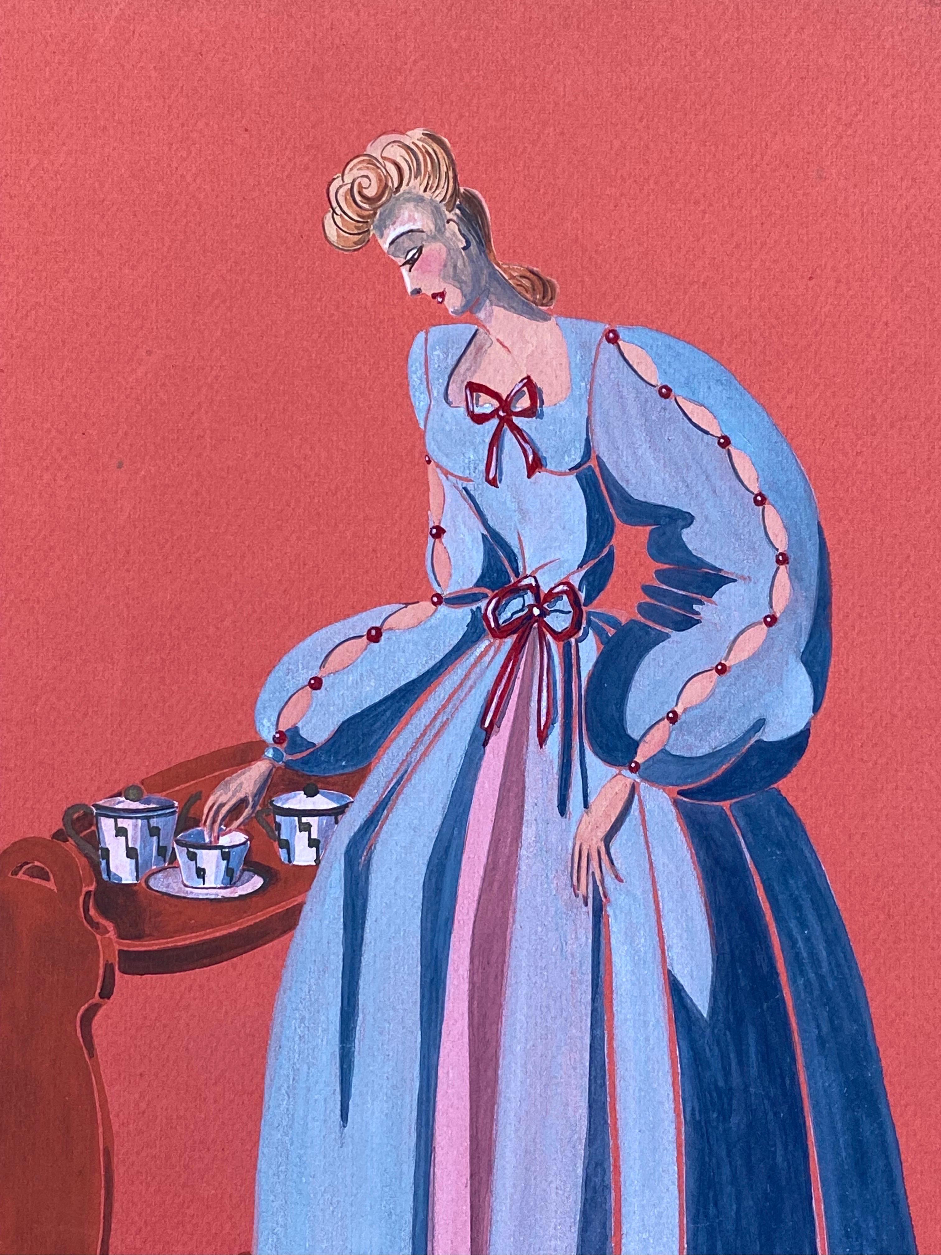 1940's Fashion Illustration - Stunning Woman In Light Blue Dress - Art by Geneviève Thomas