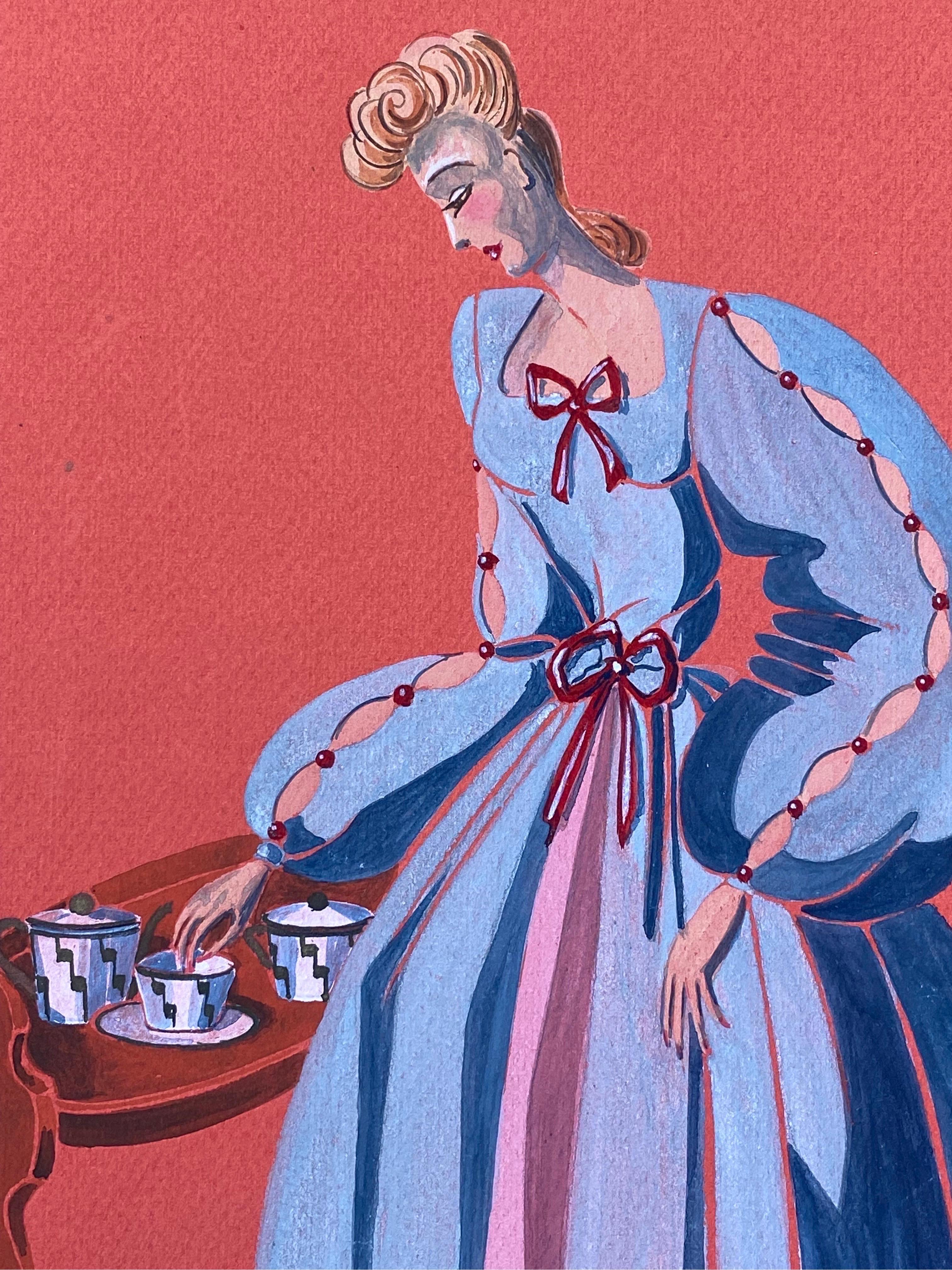 1940's Fashion Illustration - Stunning Woman In Light Blue Dress - Pink Portrait by Geneviève Thomas