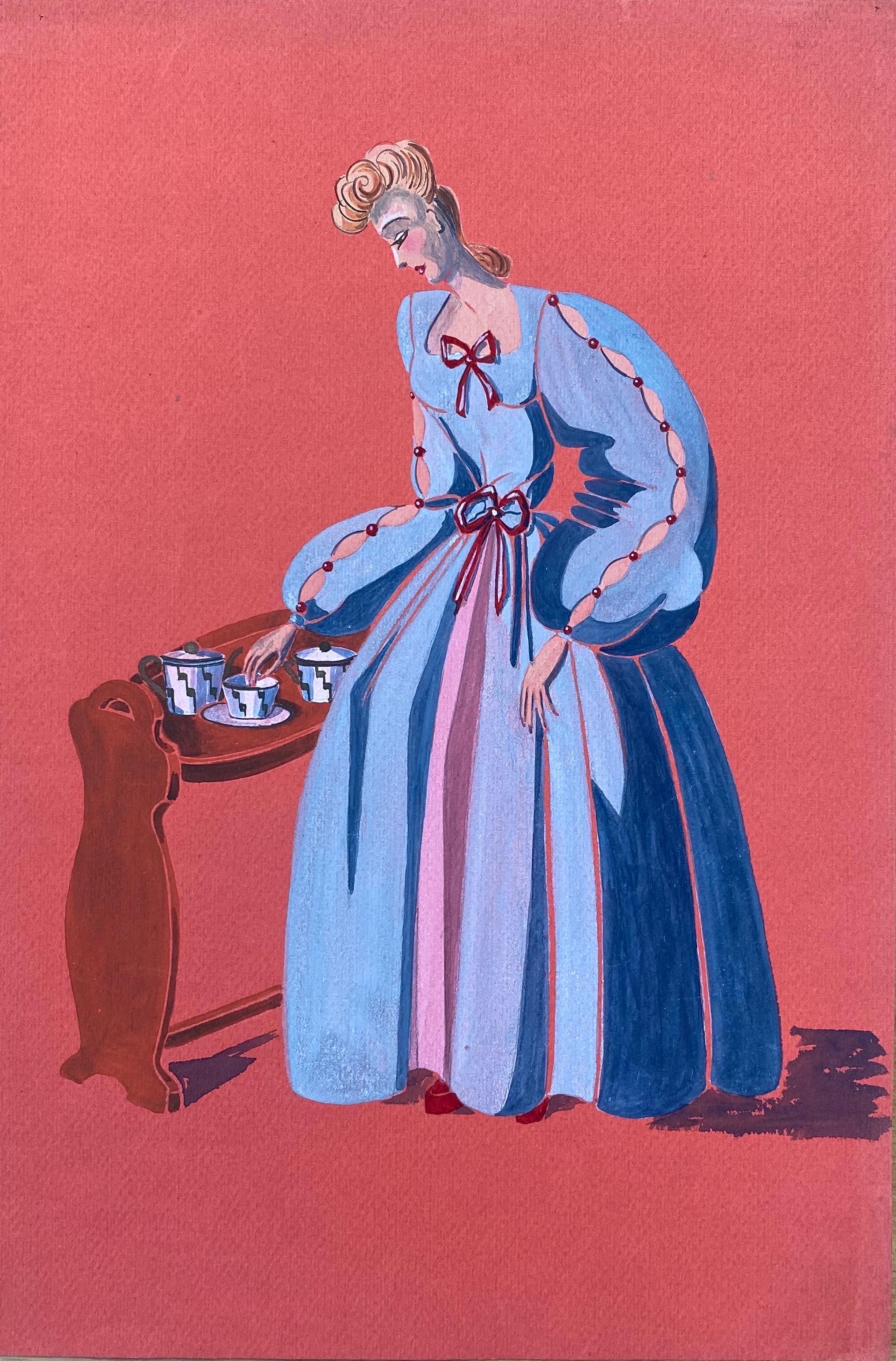 Geneviève Thomas Portrait - 1940's Fashion Illustration - Stunning Woman In Light Blue Dress