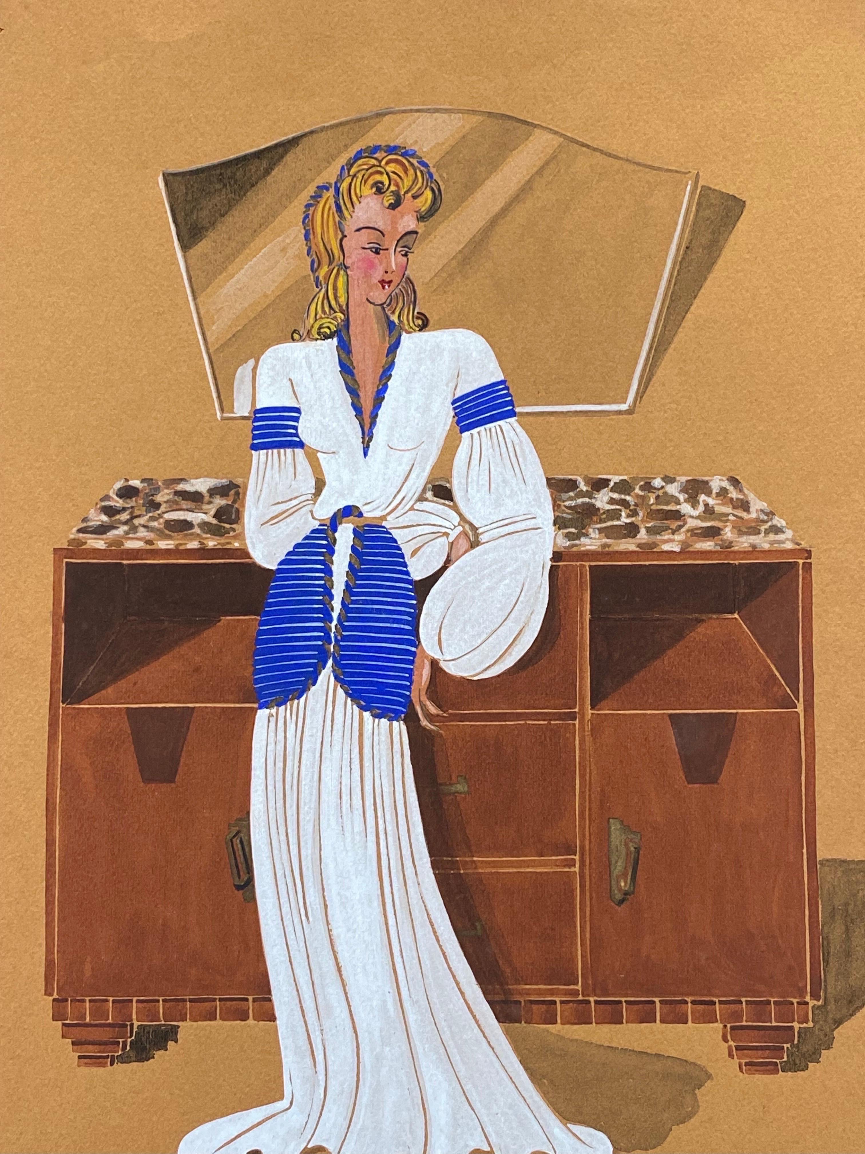 1940er Jahre Mode Illustration – stilvolle, blonde Dame in weißem Kleid – Painting von Geneviève Thomas