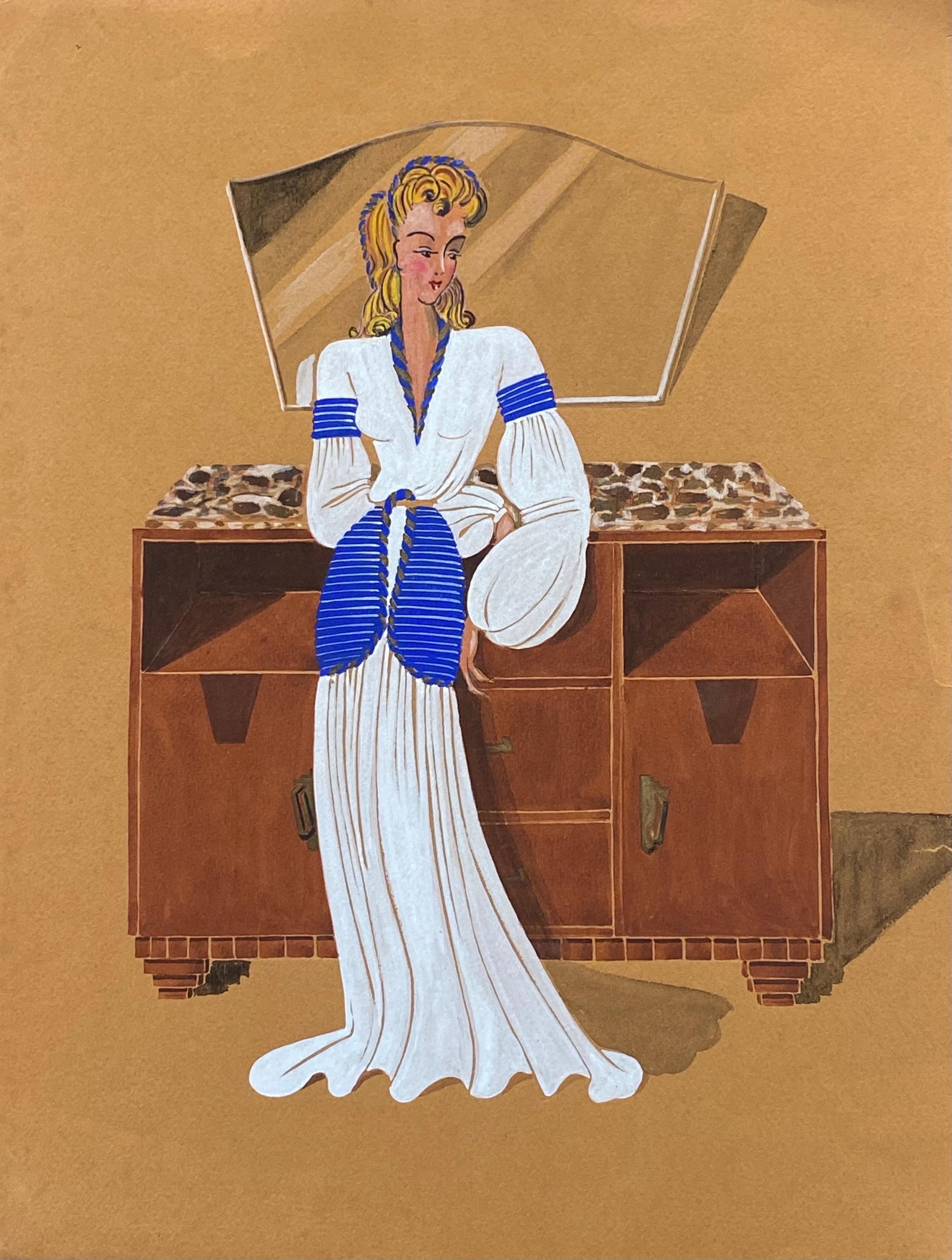 Geneviève Thomas Portrait Painting – 1940er Jahre Mode Illustration – stilvolle, blonde Dame in weißem Kleid