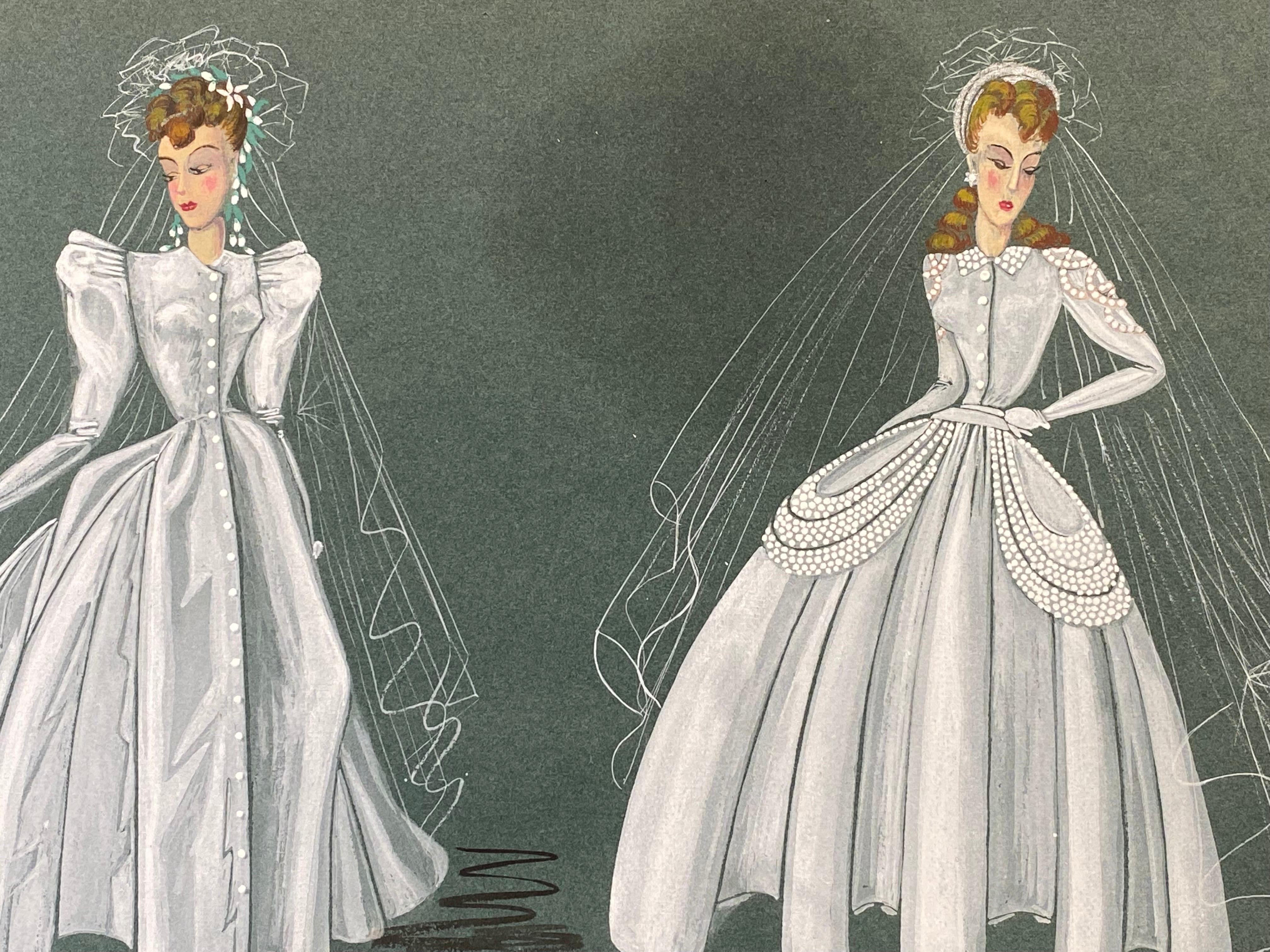 1940's Fashion Illustration - The Two Elegant Brides - Painting by Geneviève Thomas