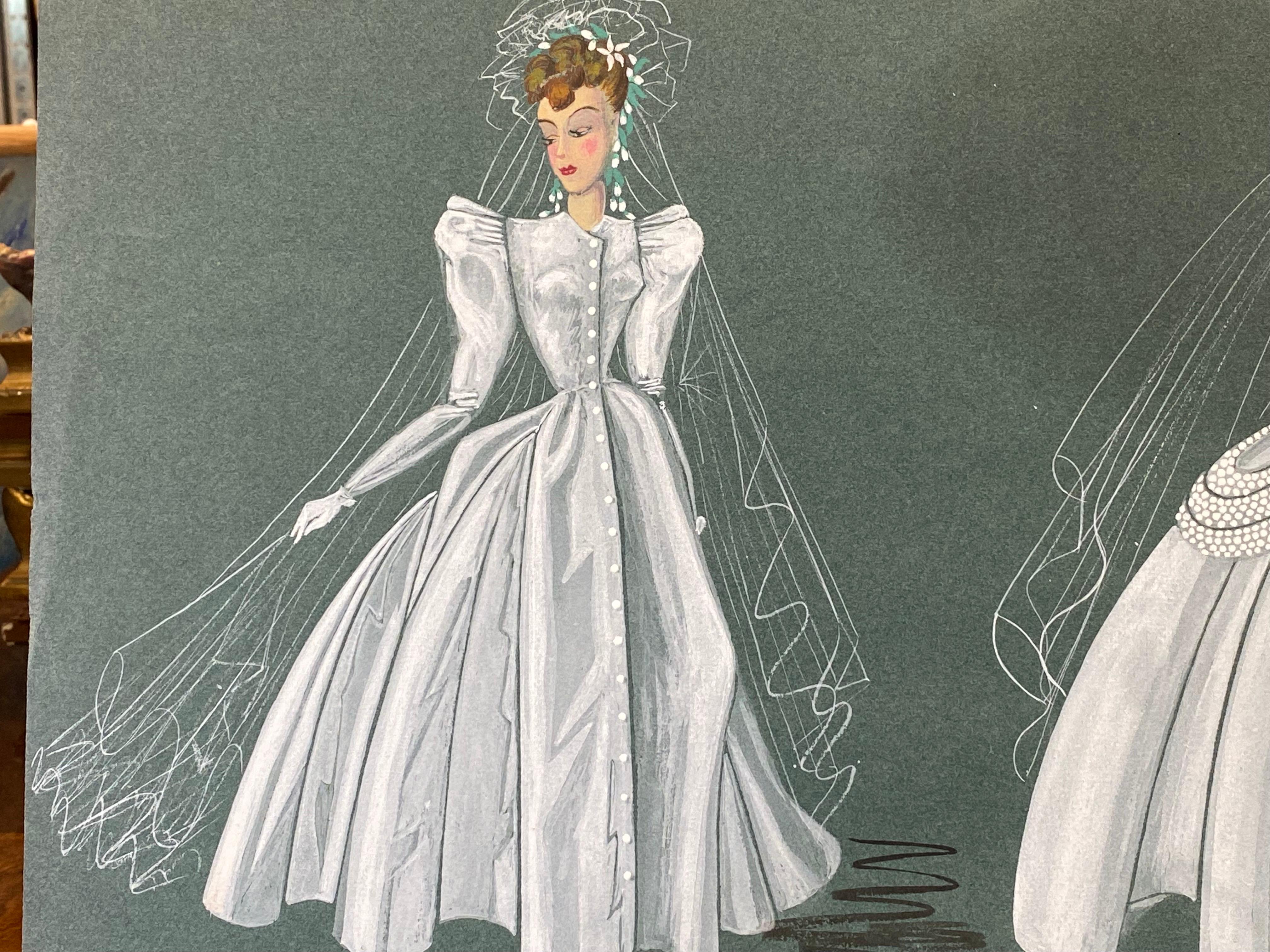 Modeillustration der 1940er Jahre – Die beiden eleganten Brautinnen (Impressionismus), Painting, von Geneviève Thomas