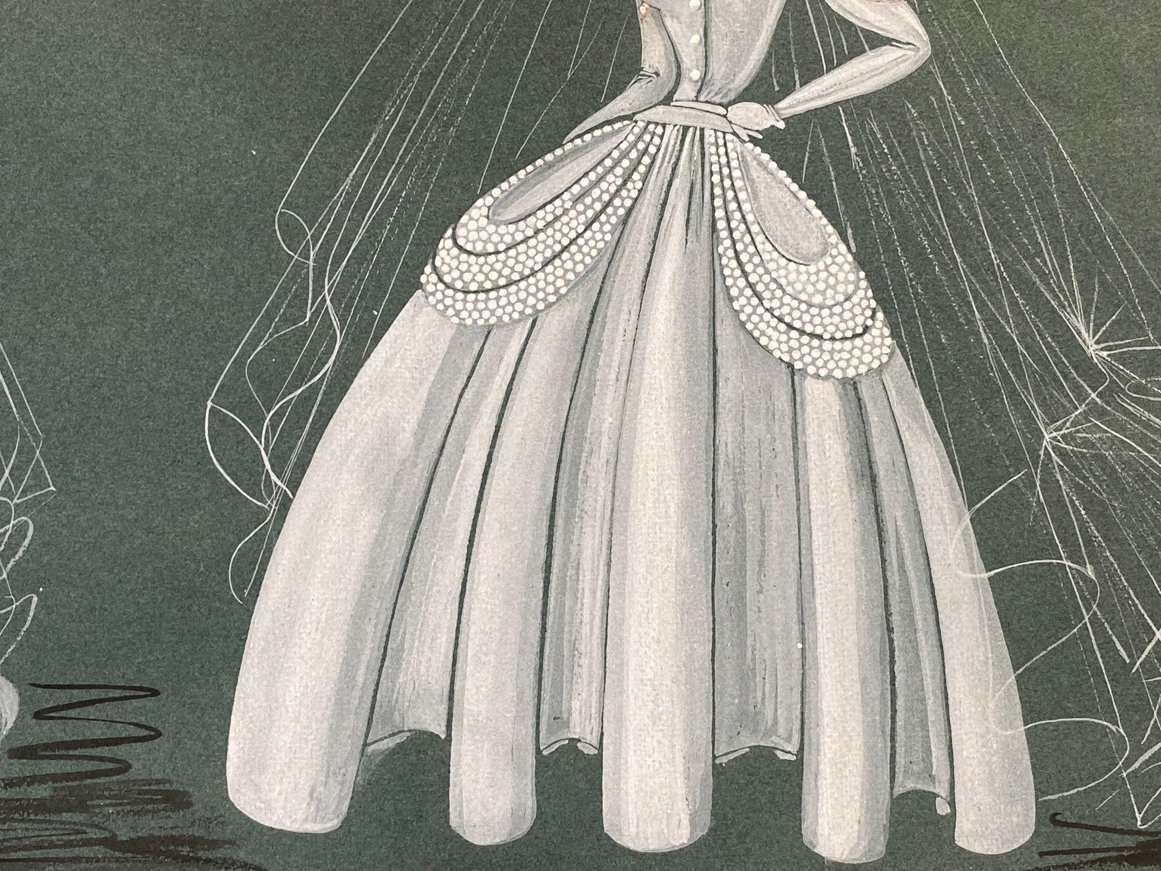 Design di moda anni '40 molto elegante, unico e originale dell'illustratrice francese Geneviève Thomas.

Il dipinto, eseguito a guazzo e matita.

Il disegno è originale, vintage e misura 12,75 x 19,75 pollici senza cornice. Si tratta di un design