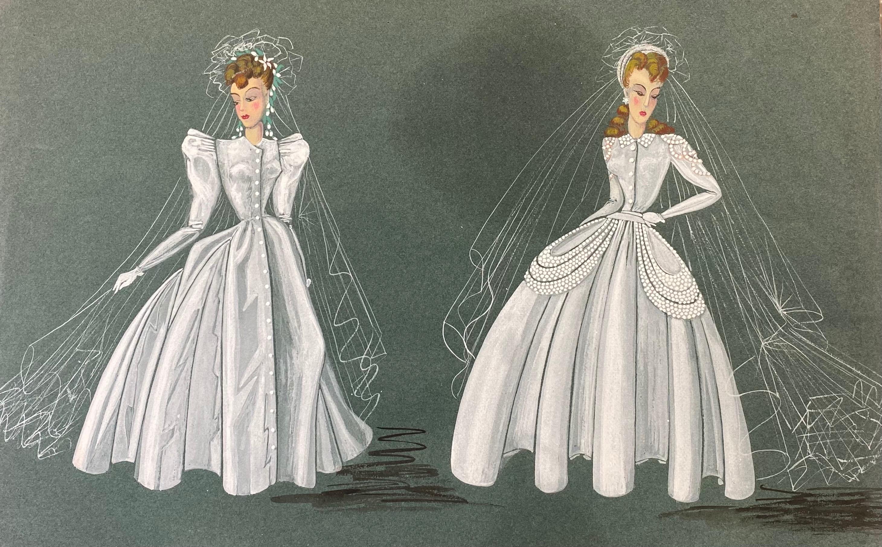 Geneviève Thomas Portrait Painting - 1940's Fashion Illustration - The Two Elegant Brides
