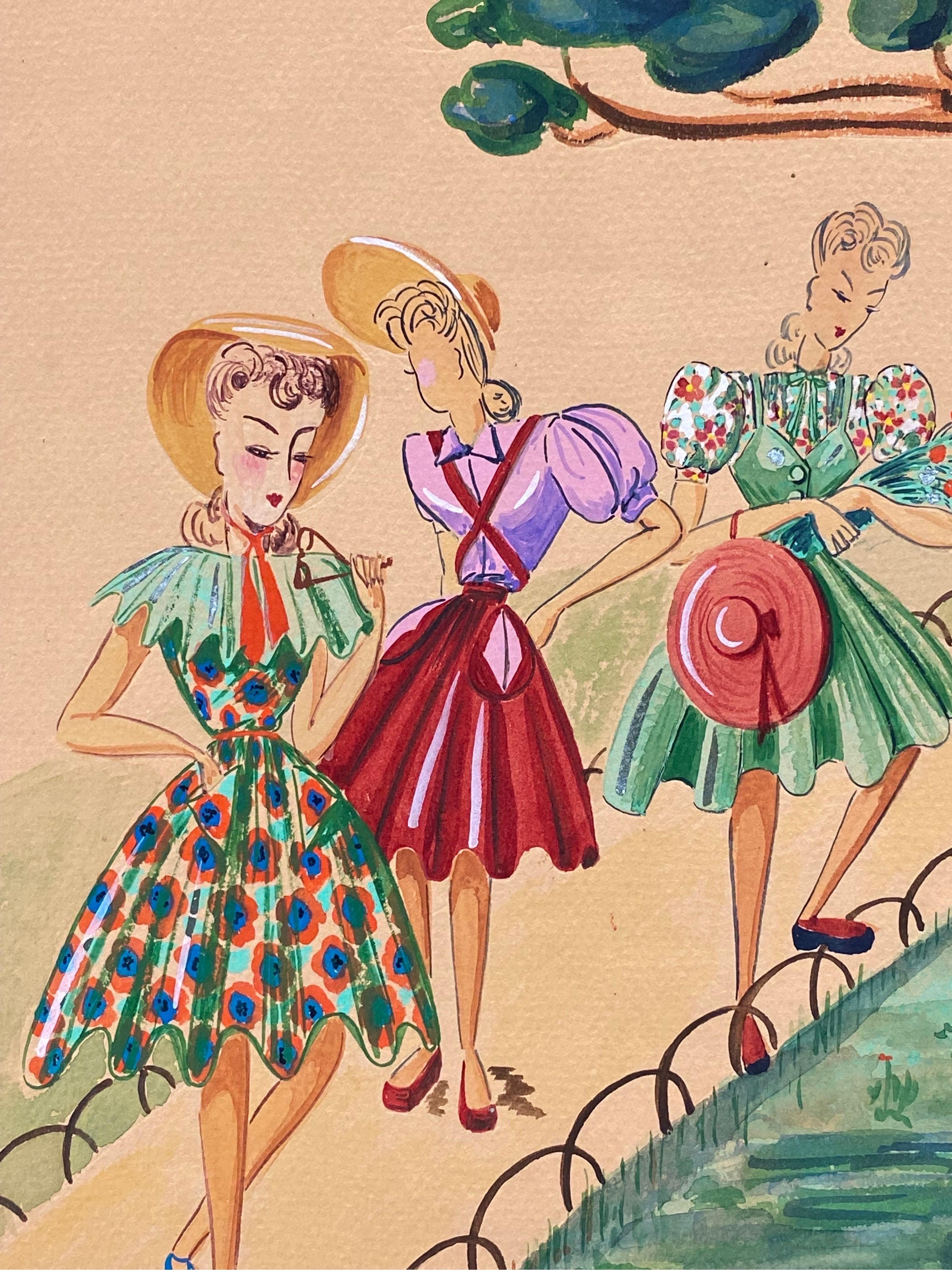 1940's Fashion Illustration - Three Elegant Women Walking Through The Park - Painting by Geneviève Thomas