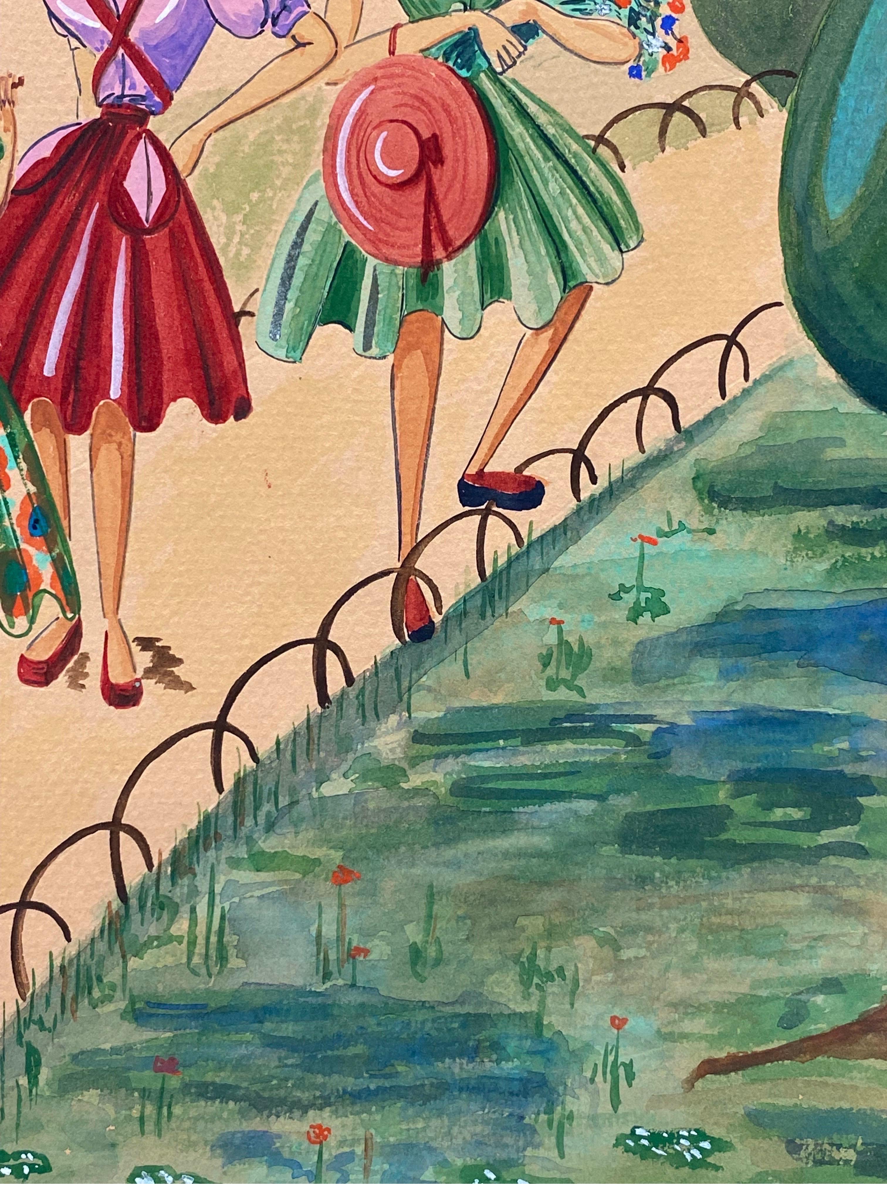 1940's Fashion Illustration - Drei elegante Frauen gehen durch den Park (Beige), Portrait Painting, von Geneviève Thomas