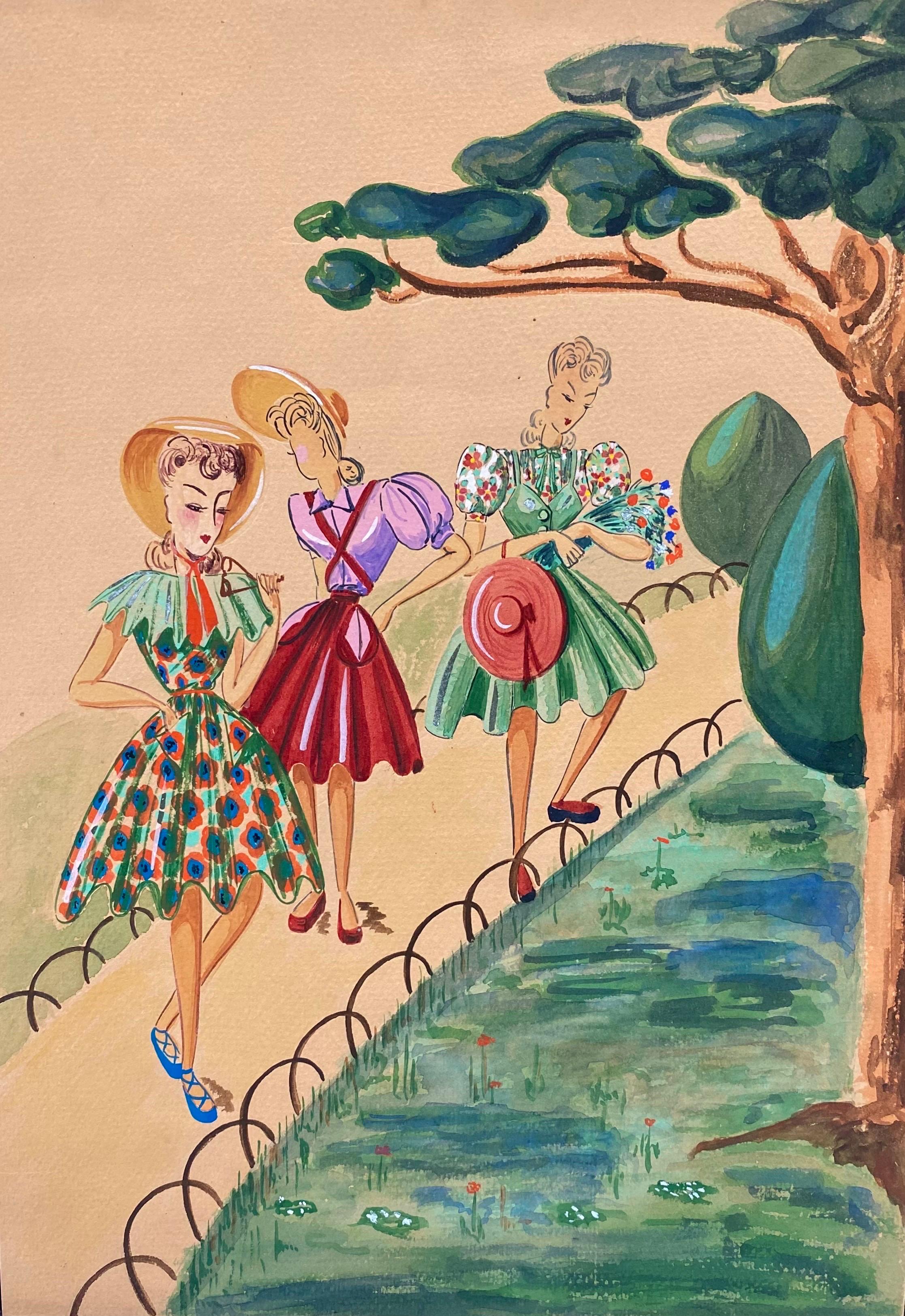 Geneviève Thomas Portrait Painting – 1940's Fashion Illustration - Drei elegante Frauen gehen durch den Park