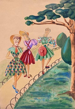 1940's Fashion Illustration - Three Elegant Women Walking Through The Park
