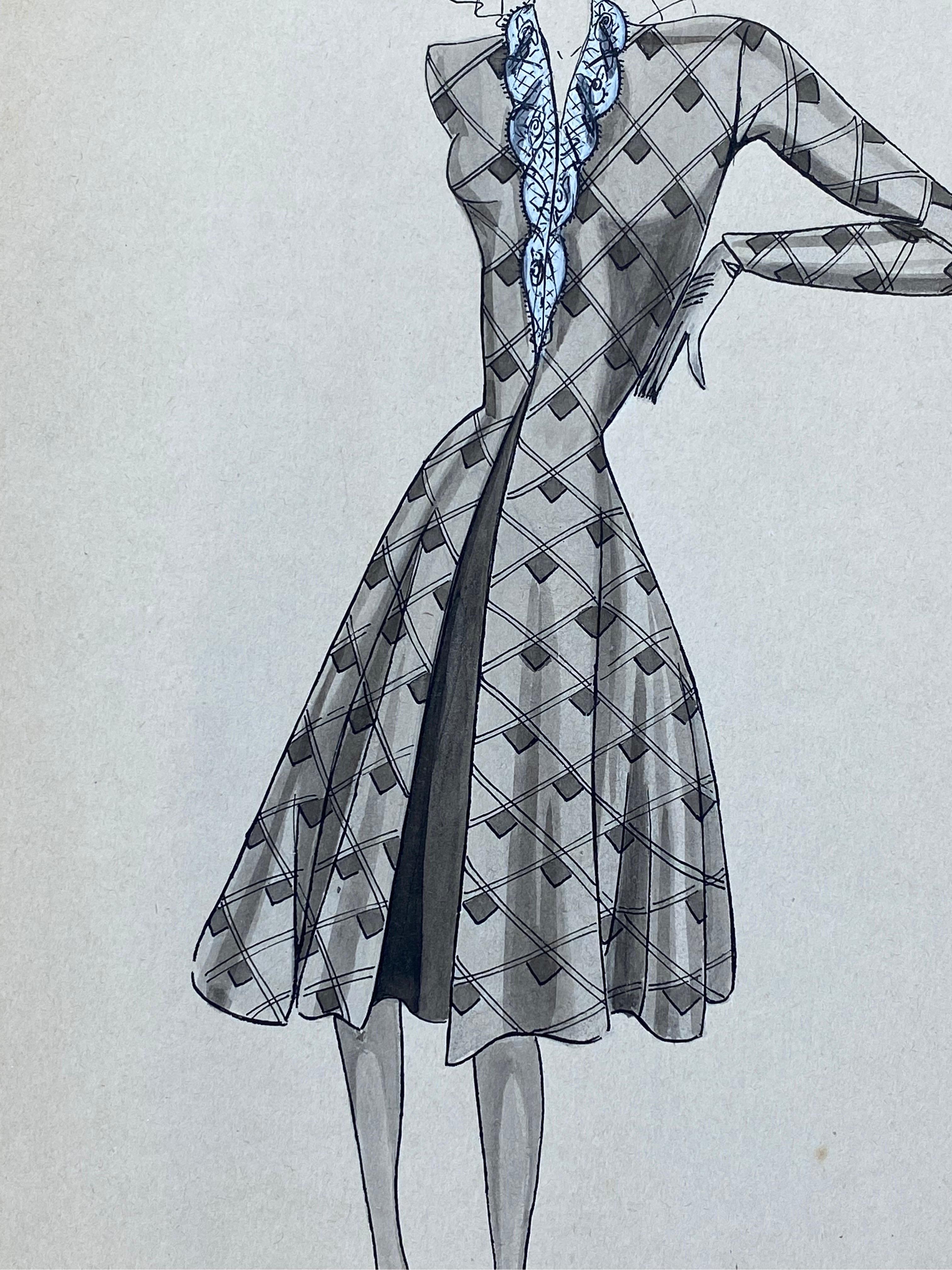 Französische Mode Illustration aus den 1940er Jahren – schickes blaues, detailliertes Kleid – Painting von Geneviève Thomas