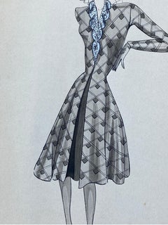 1940's French Fashion Illustration - Chic Lady In Blue Detailed Dress