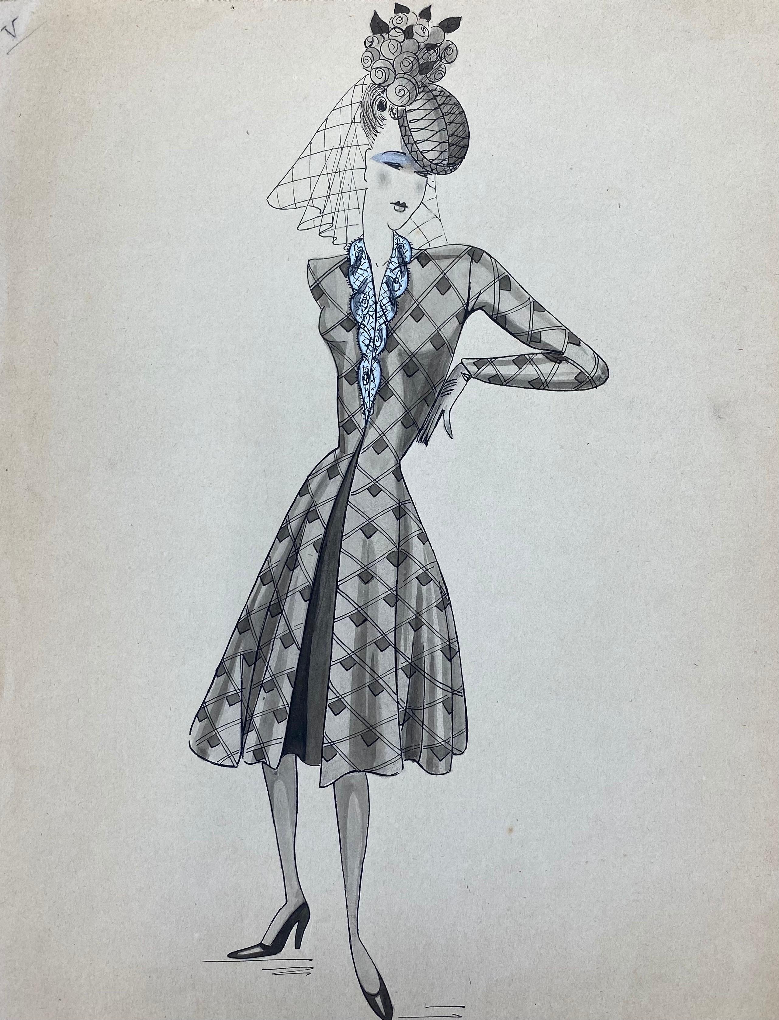 Geneviève Thomas Portrait Painting – Französische Mode Illustration aus den 1940er Jahren – schickes blaues, detailliertes Kleid