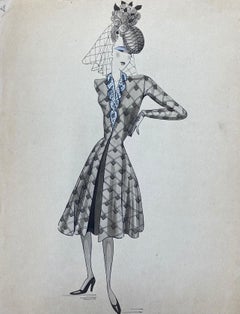 Vintage 1940's French Fashion Illustration - Chic Lady In Blue Detailed Dress