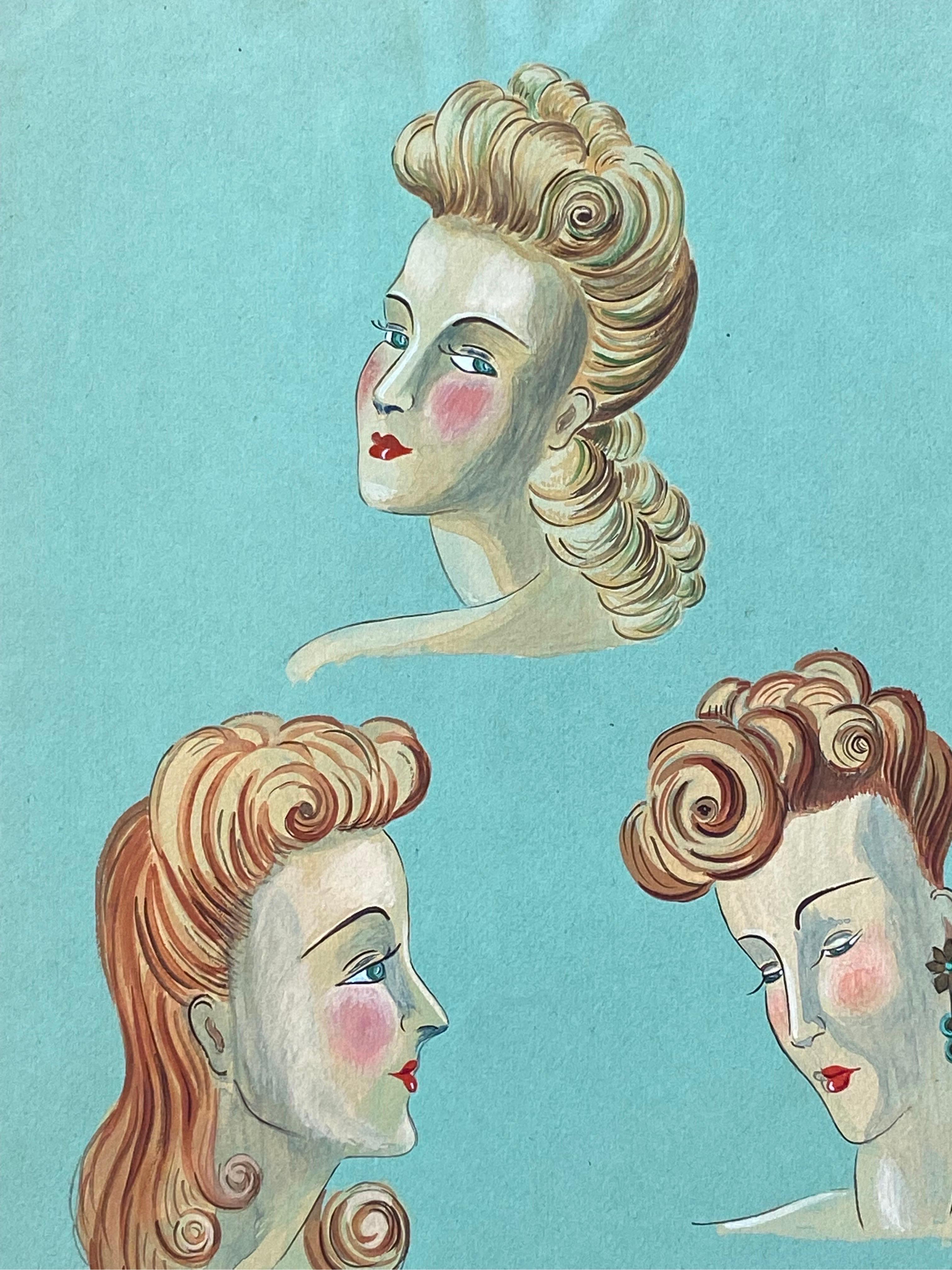 1940's French Fashion Illustration - Elegant Three Women Face Portraits - Painting by Geneviève Thomas
