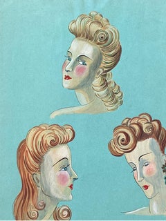 Ilustración de moda francesa de los años 40 - Elegantes retratos de tres rostros femeninos