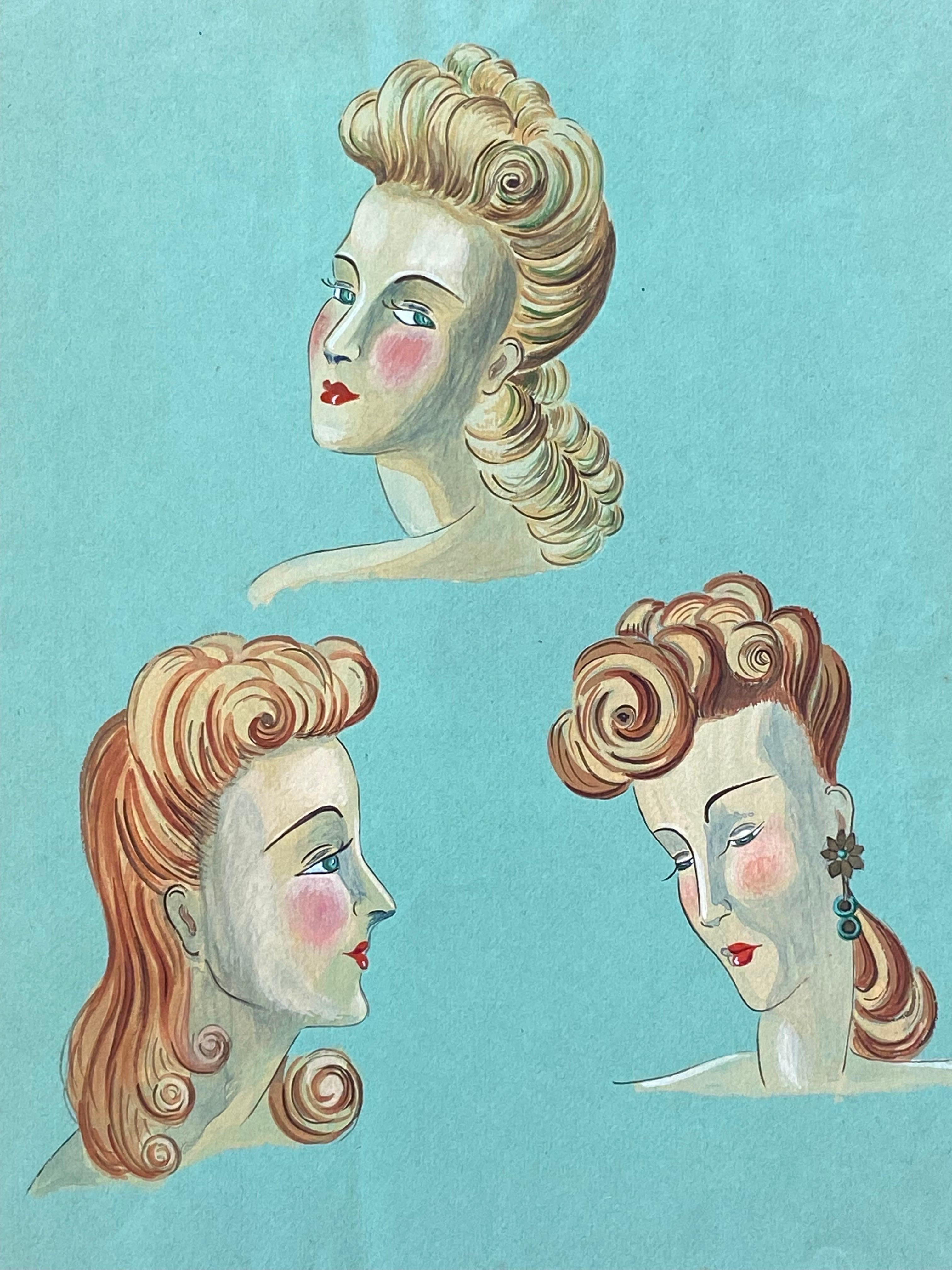 1940's French Fashion Illustration - Elegant Three Women Face Portraits