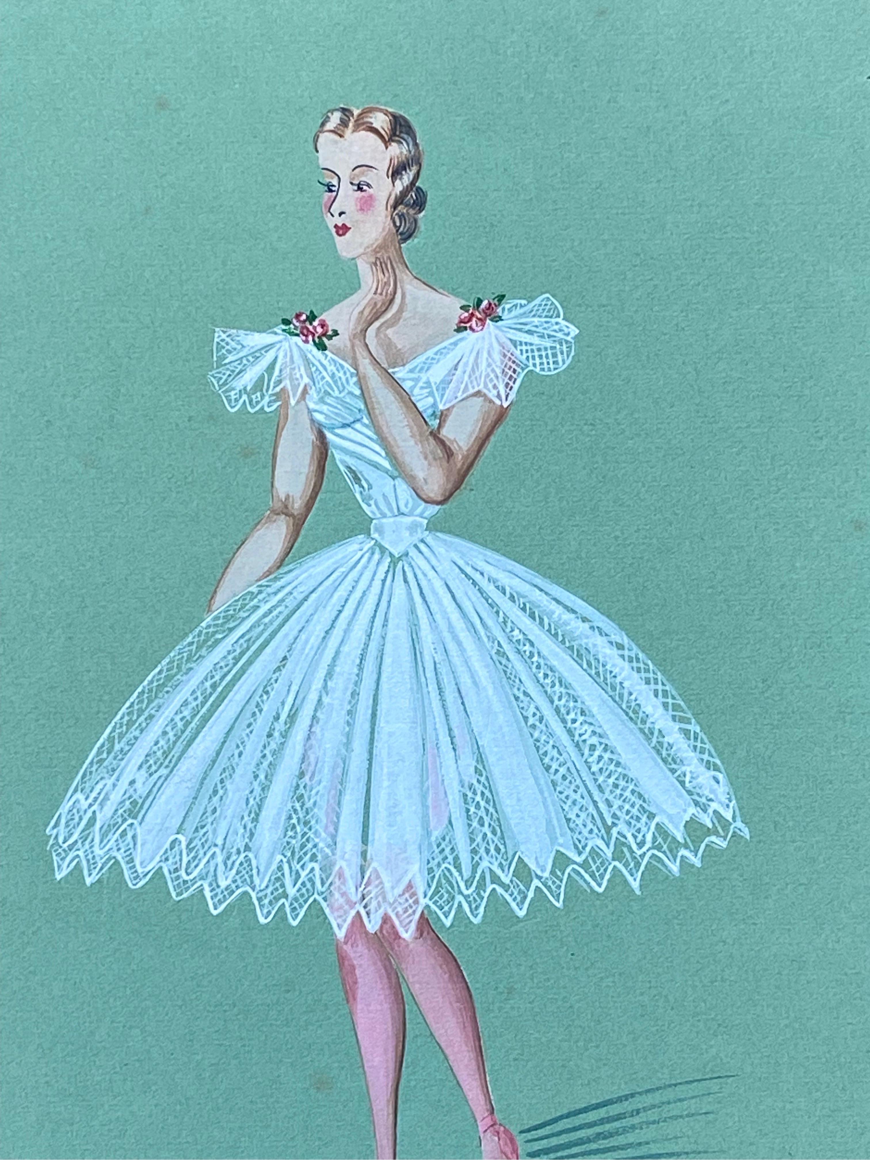 1940's French Fashion Illustration - Stunning Ballerina In White Dress - Art by Geneviève Thomas