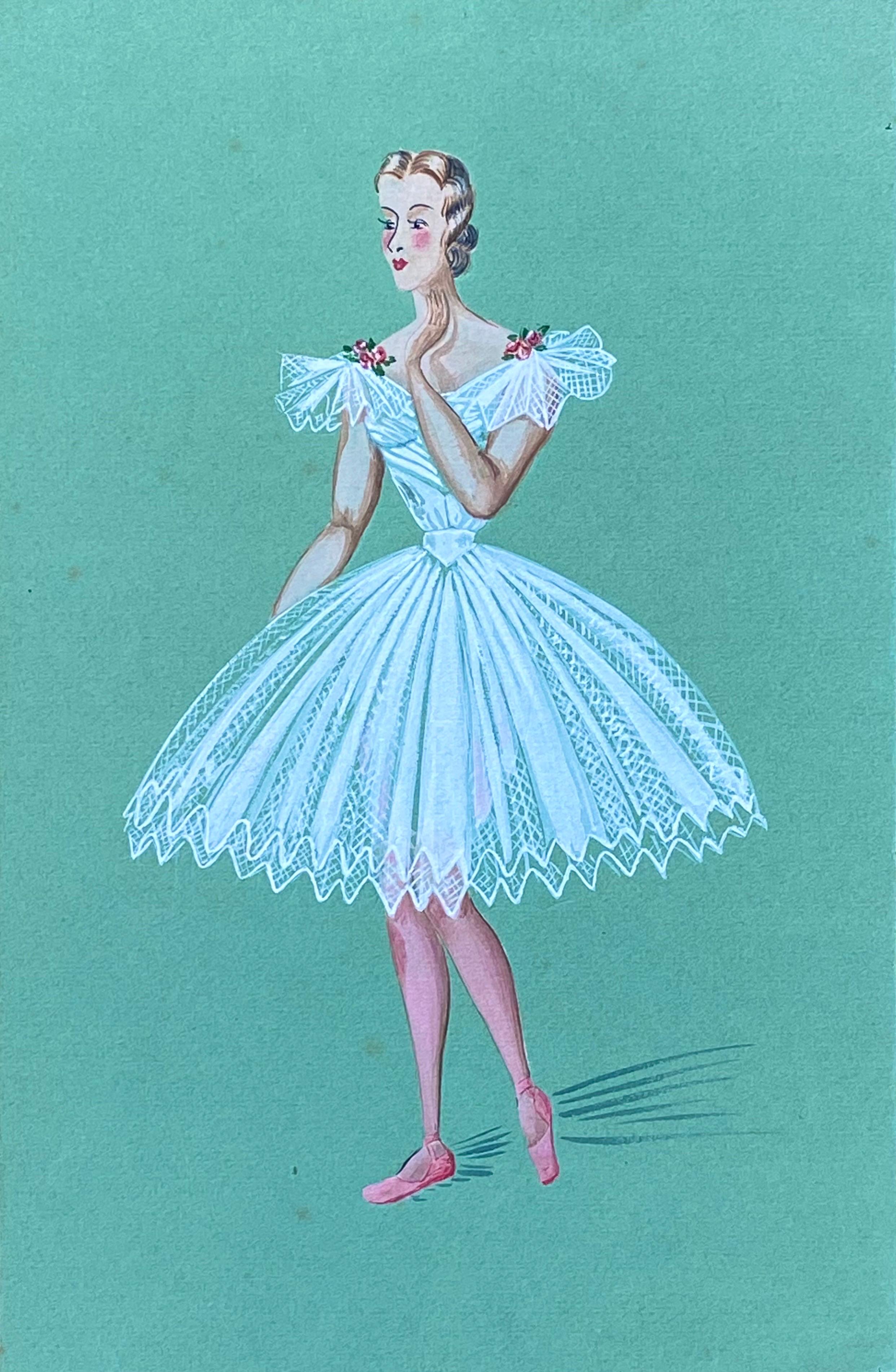 Geneviève Thomas Portrait - 1940's French Fashion Illustration - Stunning Ballerina In White Dress