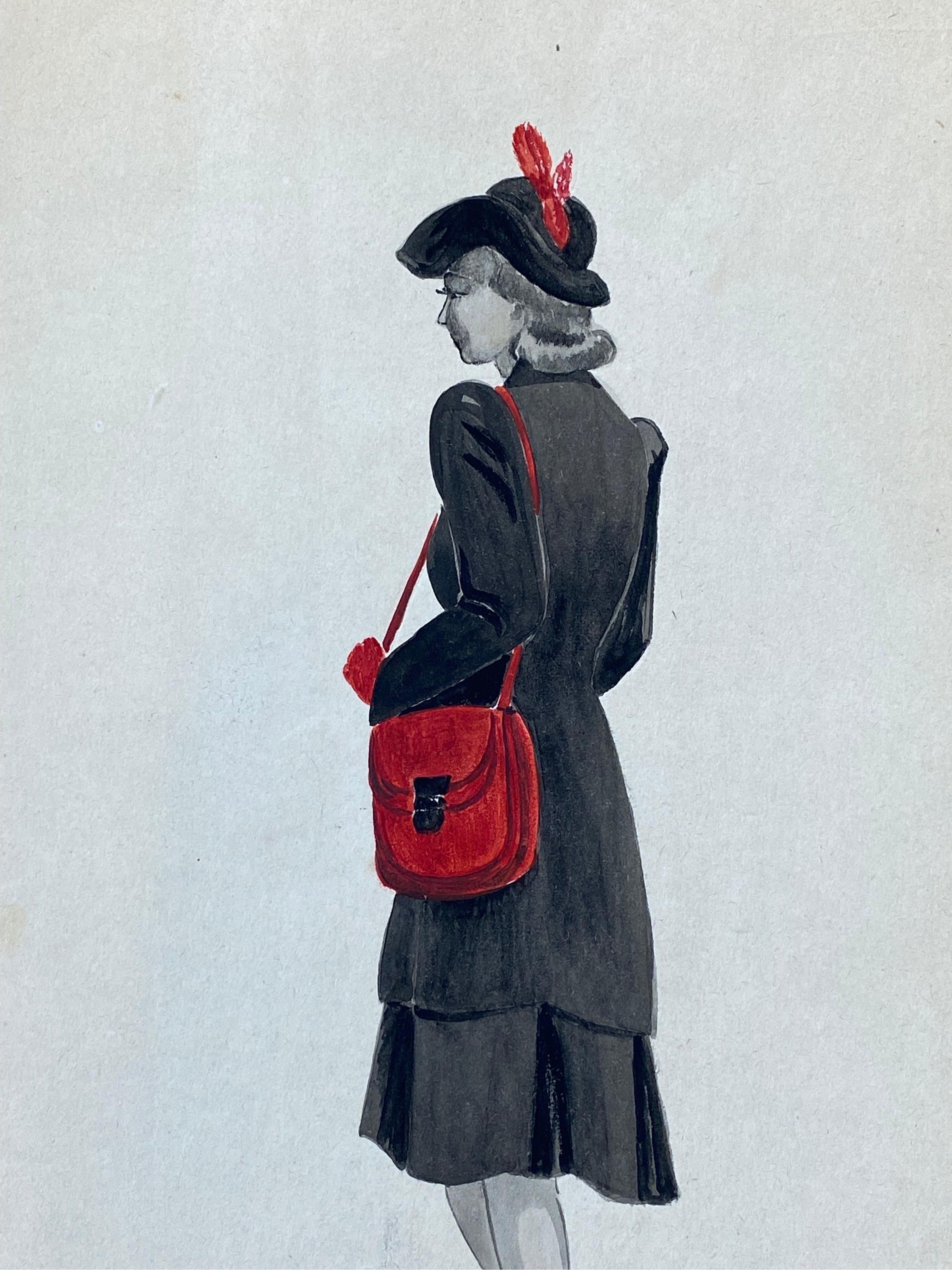 1940's French Fashion Illustration - The Elegant Lady With The Red Features - Painting by Geneviève Thomas